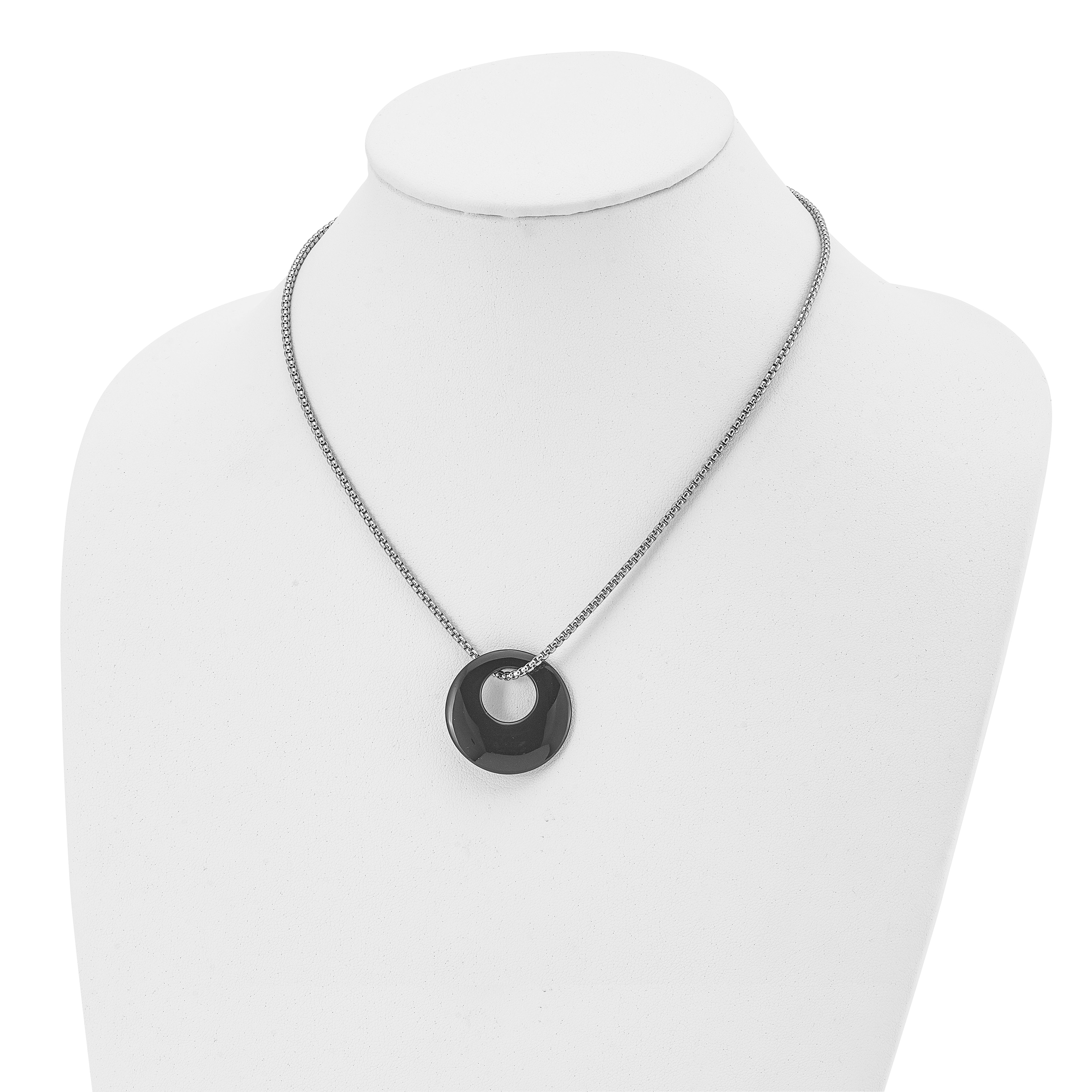 Chisel Stainless Steel Polished Black Onyx Circle Pendant on an 18 inch Box Chain Necklace