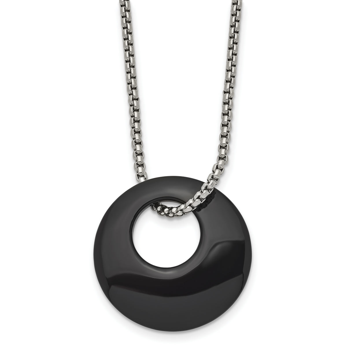 Chisel Stainless Steel Polished Black Onyx Circle Pendant on an 18 inch Box Chain Necklace