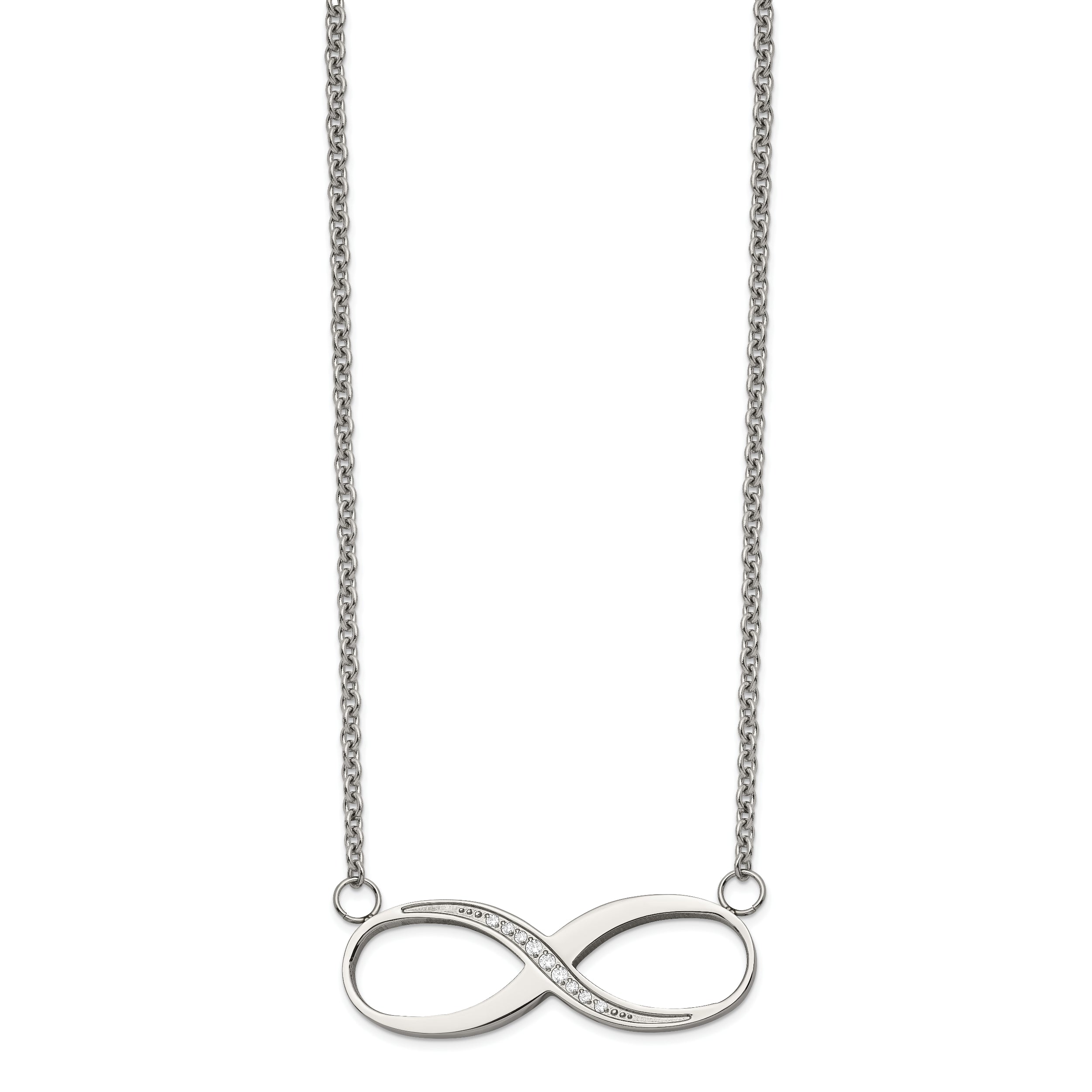 Chisel Stainless Steel Polished Infinity Symbol with CZ on a 20 inch Cable Chain Necklace