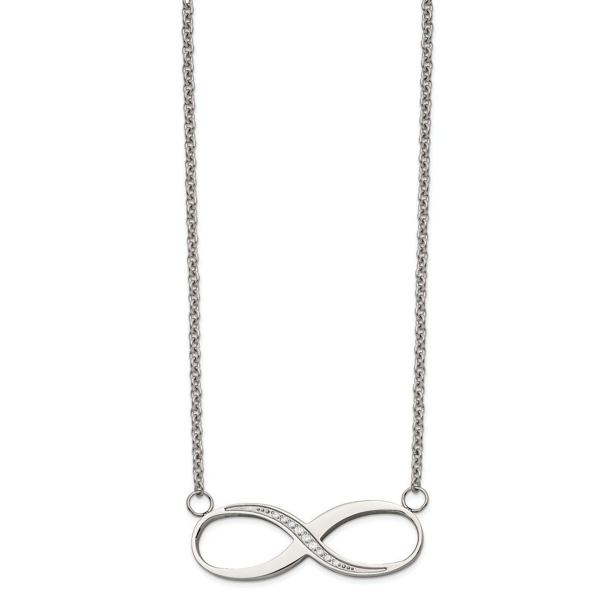 Chisel Stainless Steel Polished Infinity Symbol with CZ on a 20 inch Cable Chain Necklace