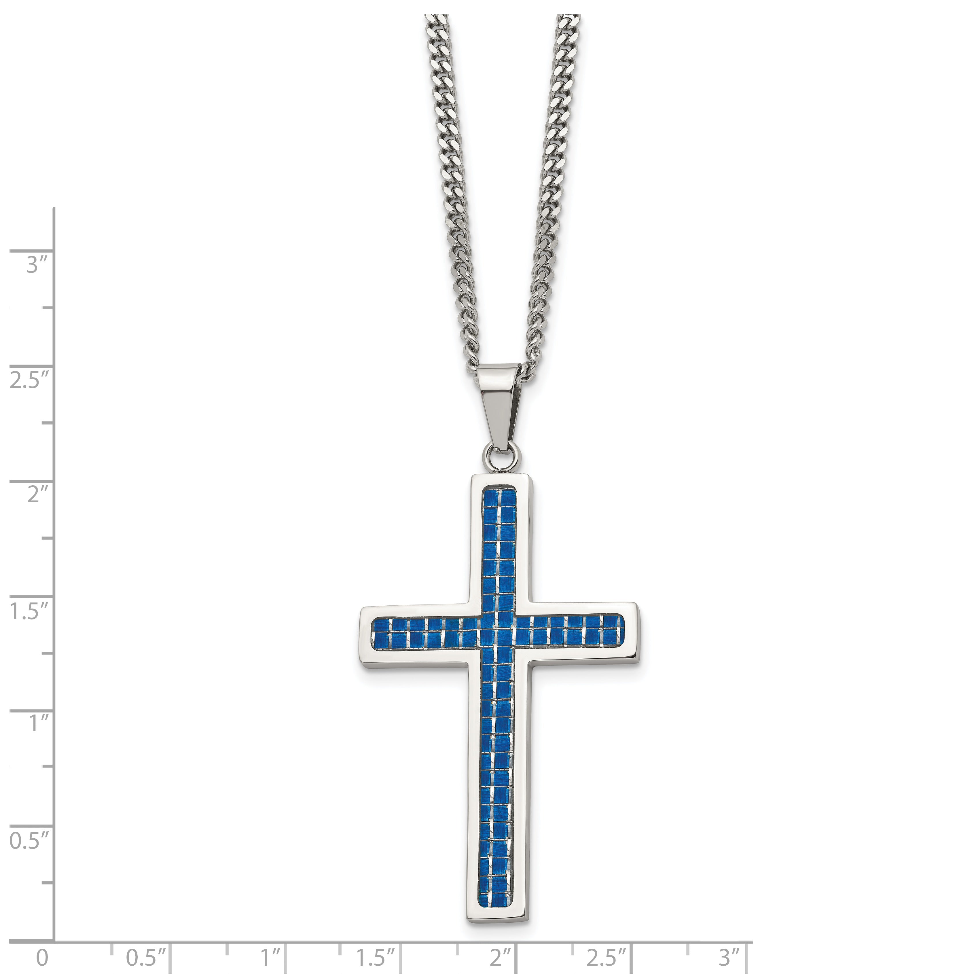 Chisel Stainless Steel Polished with Blue Carbon Fiber Inlay Cross Pendant on a 22 inch Curb Chain Necklace