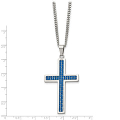 Chisel Stainless Steel Polished with Blue Carbon Fiber Inlay Cross Pendant on a 22 inch Curb Chain Necklace