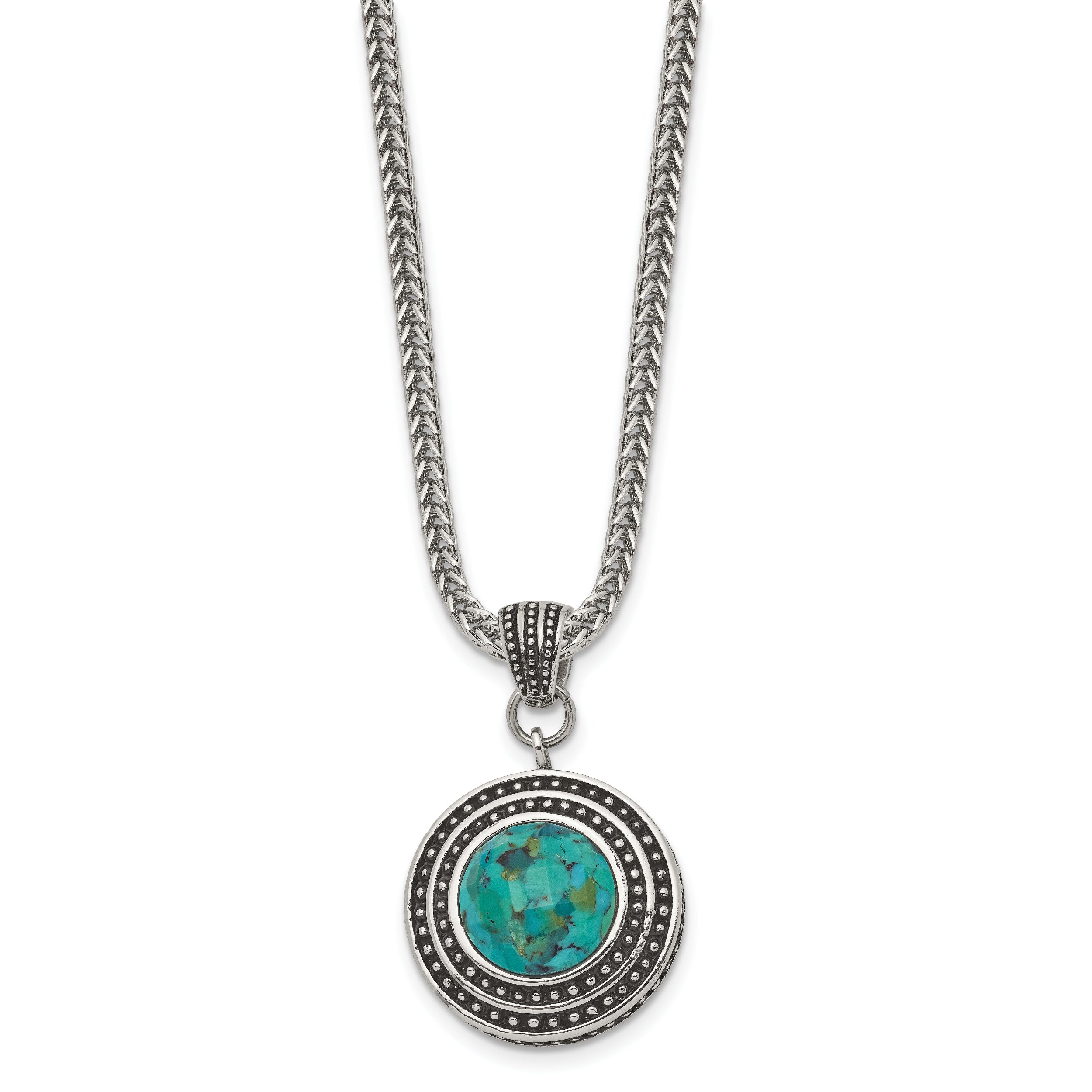 Stainless Steel Antiqued & Polished Imitation Turquoise w/2in ext Necklace