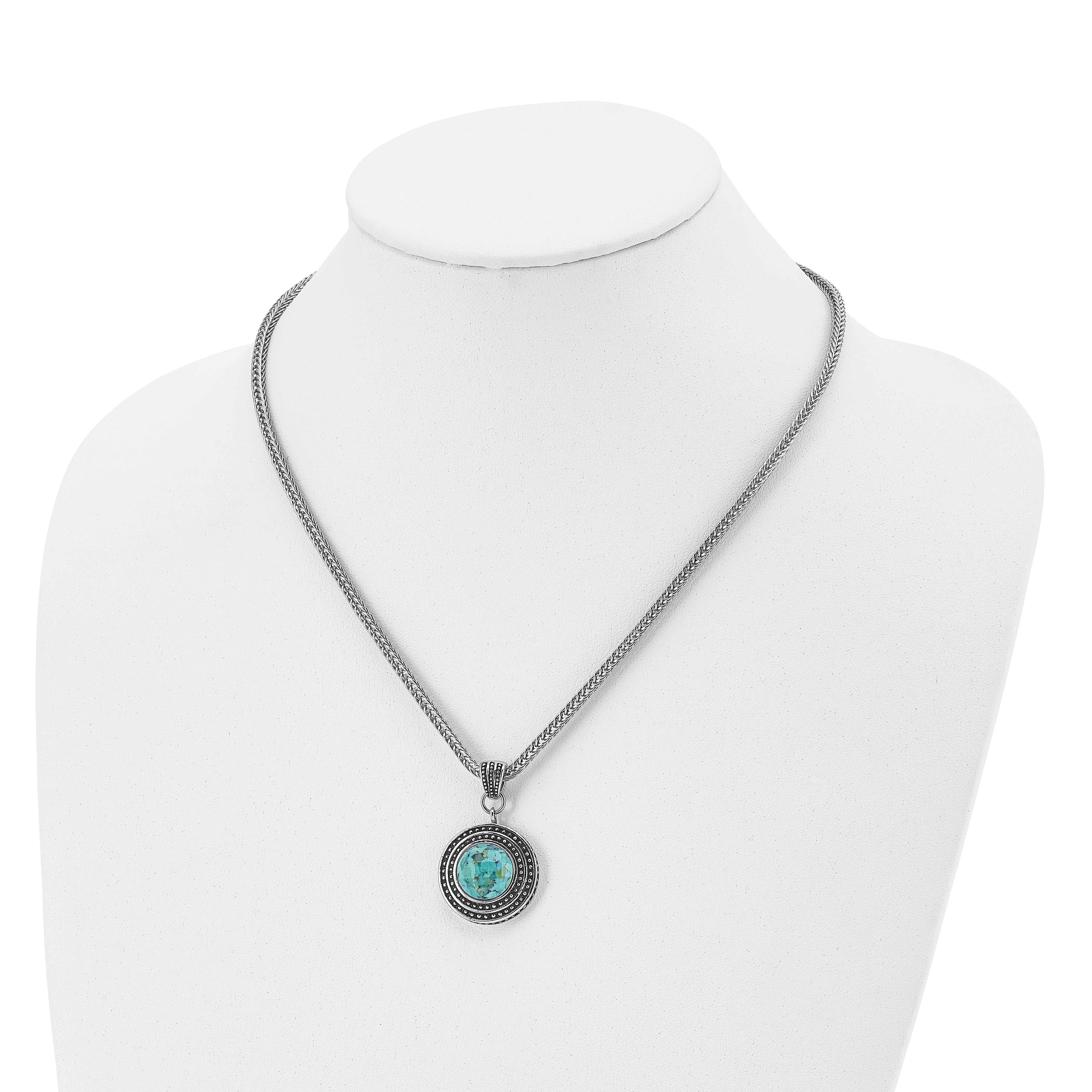 Stainless Steel Antiqued & Polished Imitation Turquoise w/2in ext Necklace