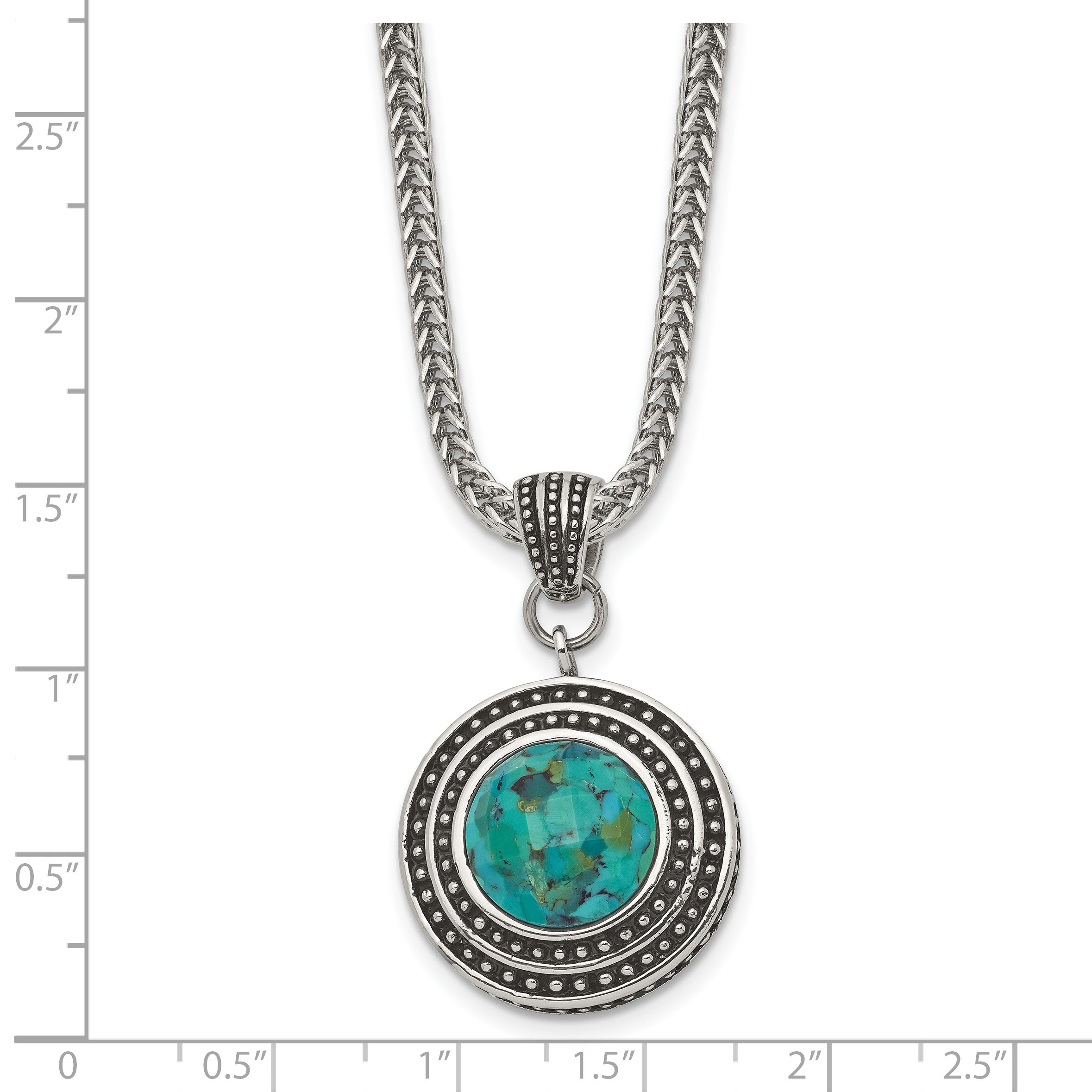 Stainless Steel Antiqued & Polished Imitation Turquoise w/2in ext Necklace