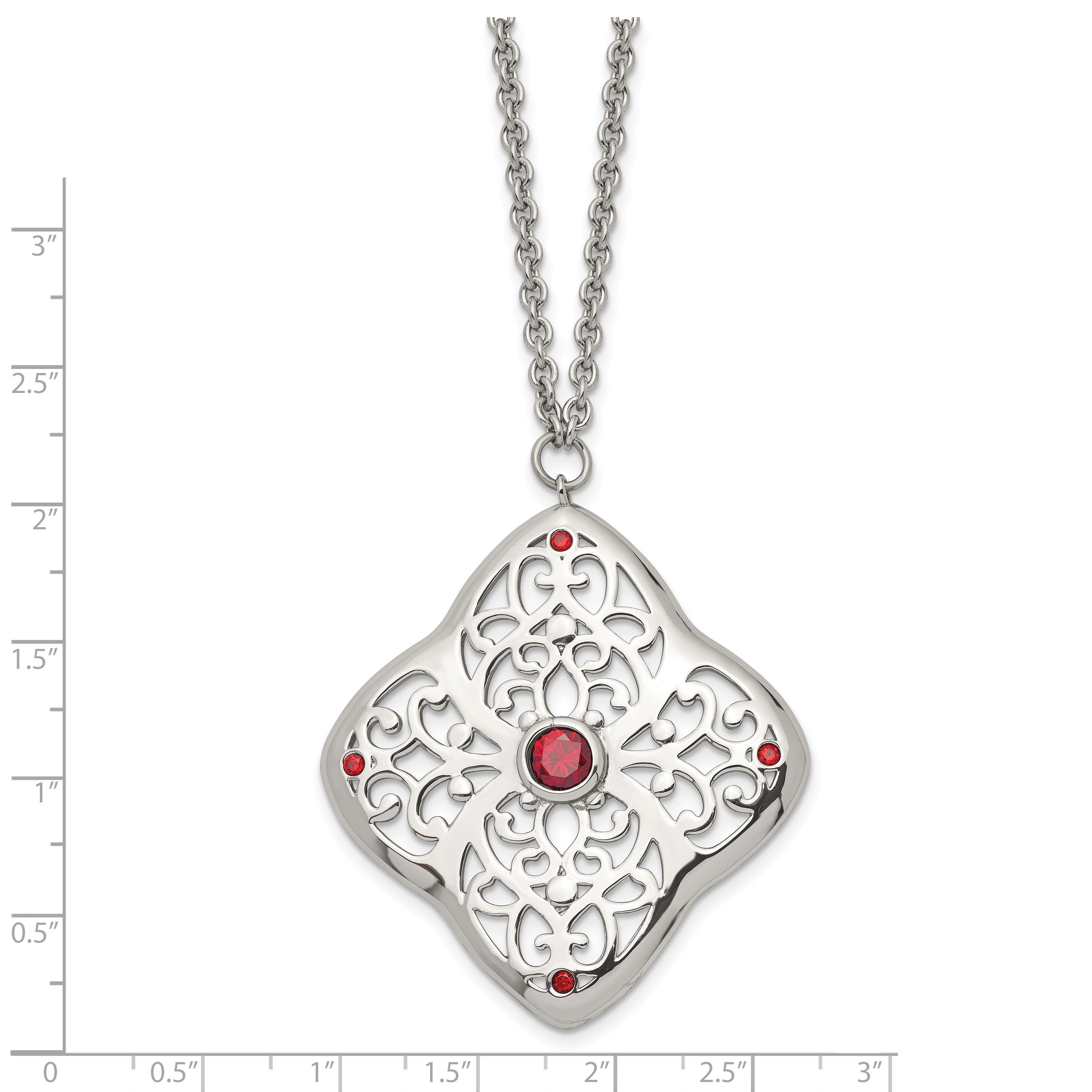 Stainless Steel Polished w/Red CZ Square 30in w/2in ext Necklace