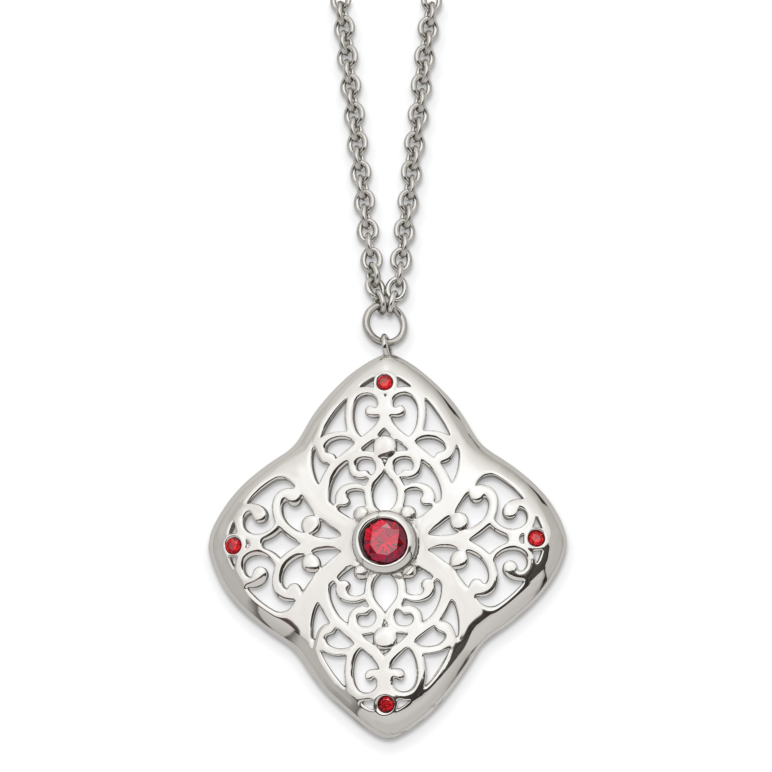 Stainless Steel Polished w/Red CZ Square 30in w/2in ext Necklace