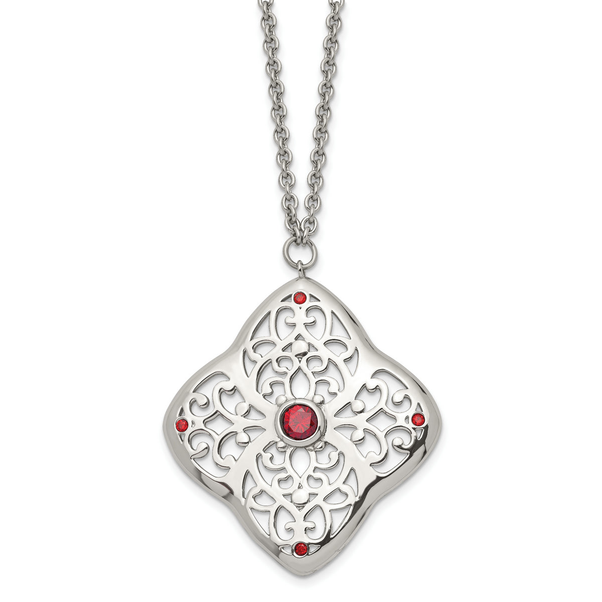 Stainless Steel Polished w/Red CZ Square 30in w/2in ext Necklace