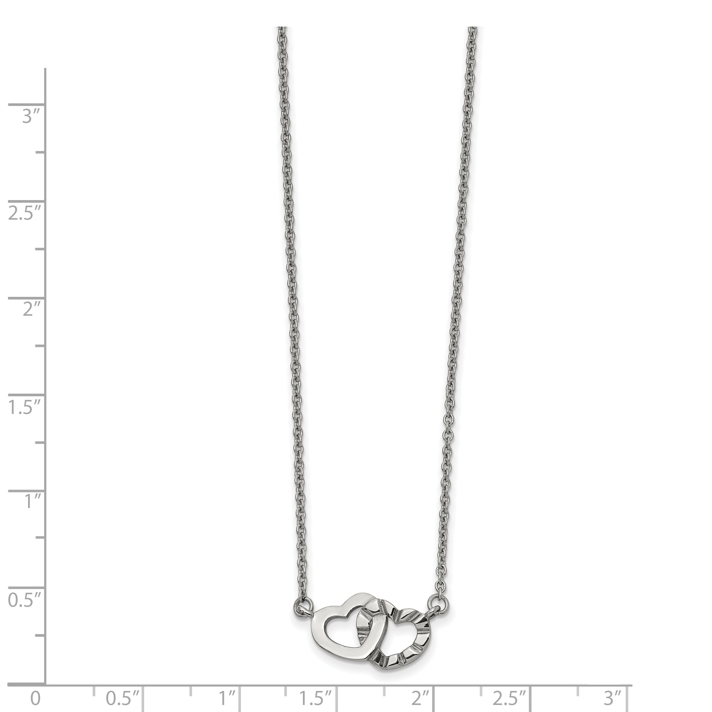 Chisel Stainless Steel Polished and Textured Interlocking Hearts on an 18 inch Cable Chain Necklace