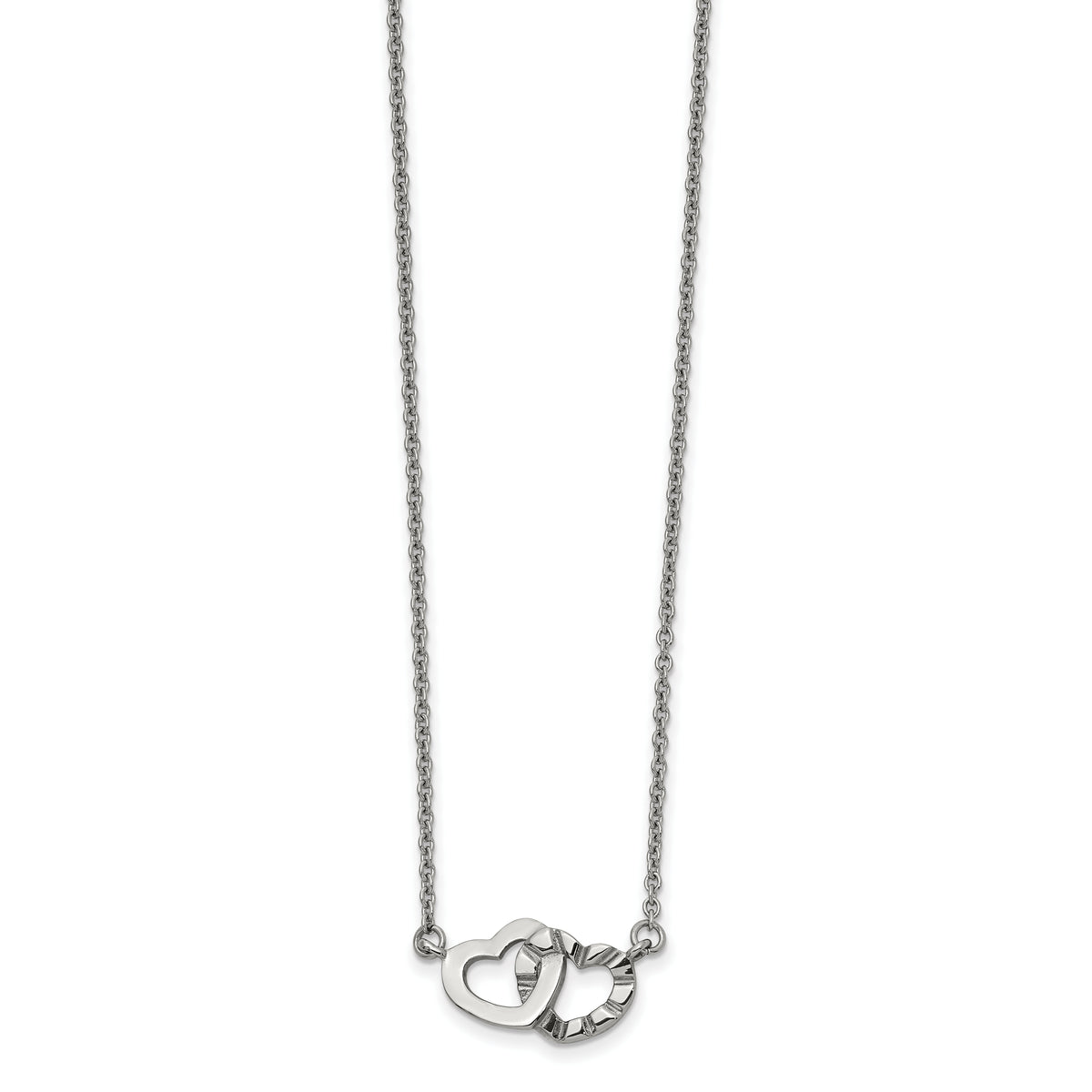 Chisel Stainless Steel Polished and Textured Interlocking Hearts on an 18 inch Cable Chain Necklace