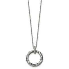 Stainless Steel Antiqued and Polished Black/Clear CZ Circle 18in Necklace