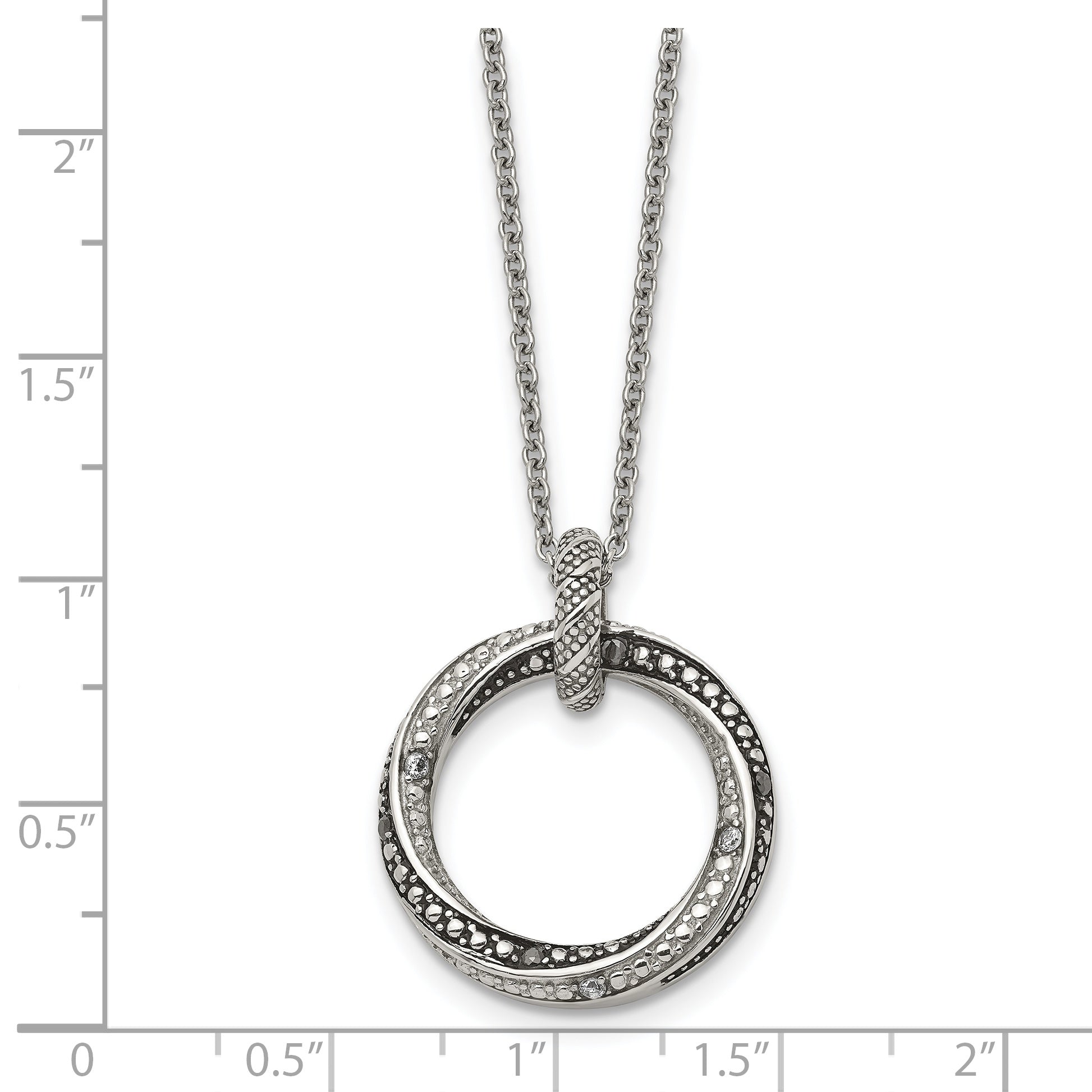 Stainless Steel Antiqued and Polished Black/Clear CZ Circle 18in Necklace