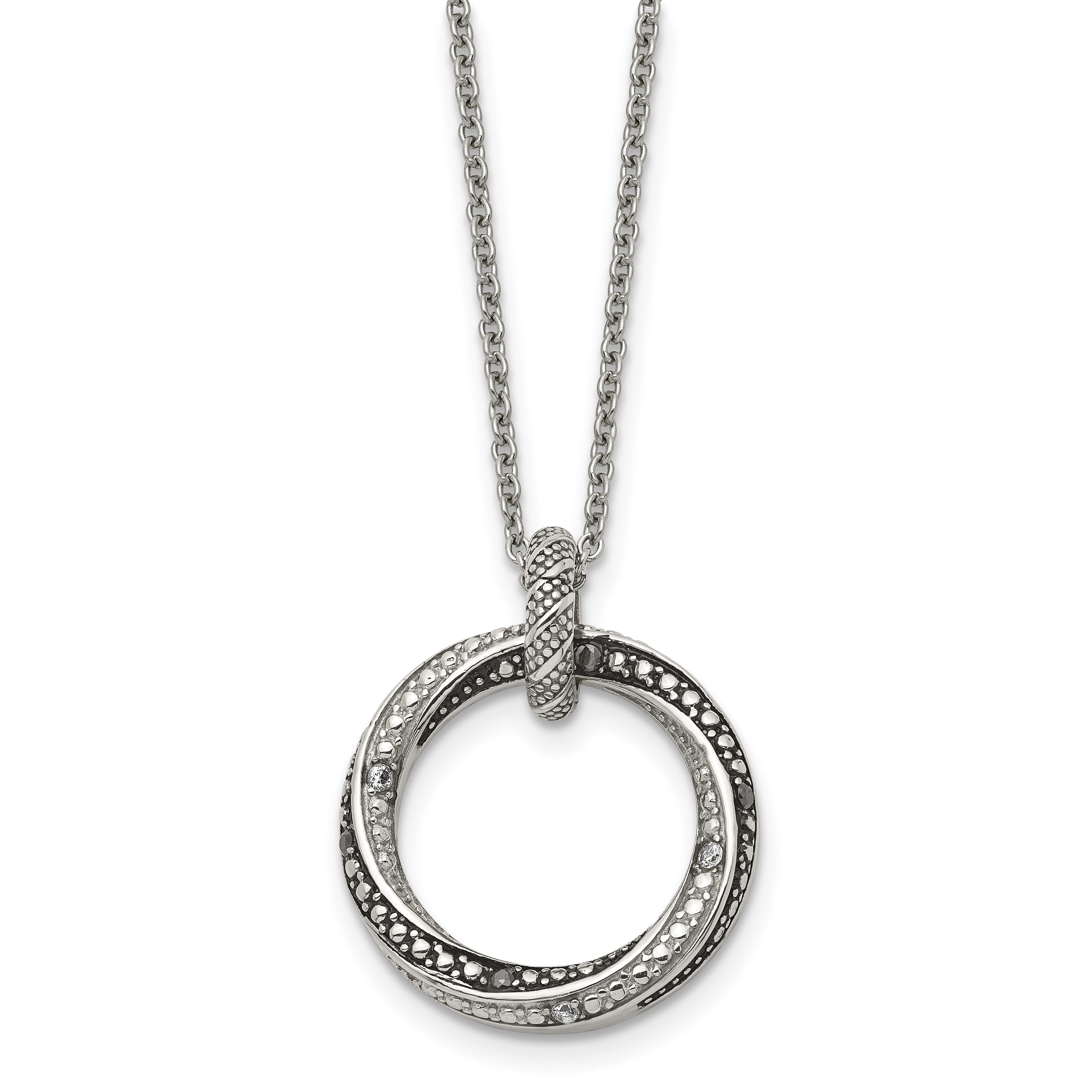 Stainless Steel Antiqued and Polished Black/Clear CZ Circle 18in Necklace