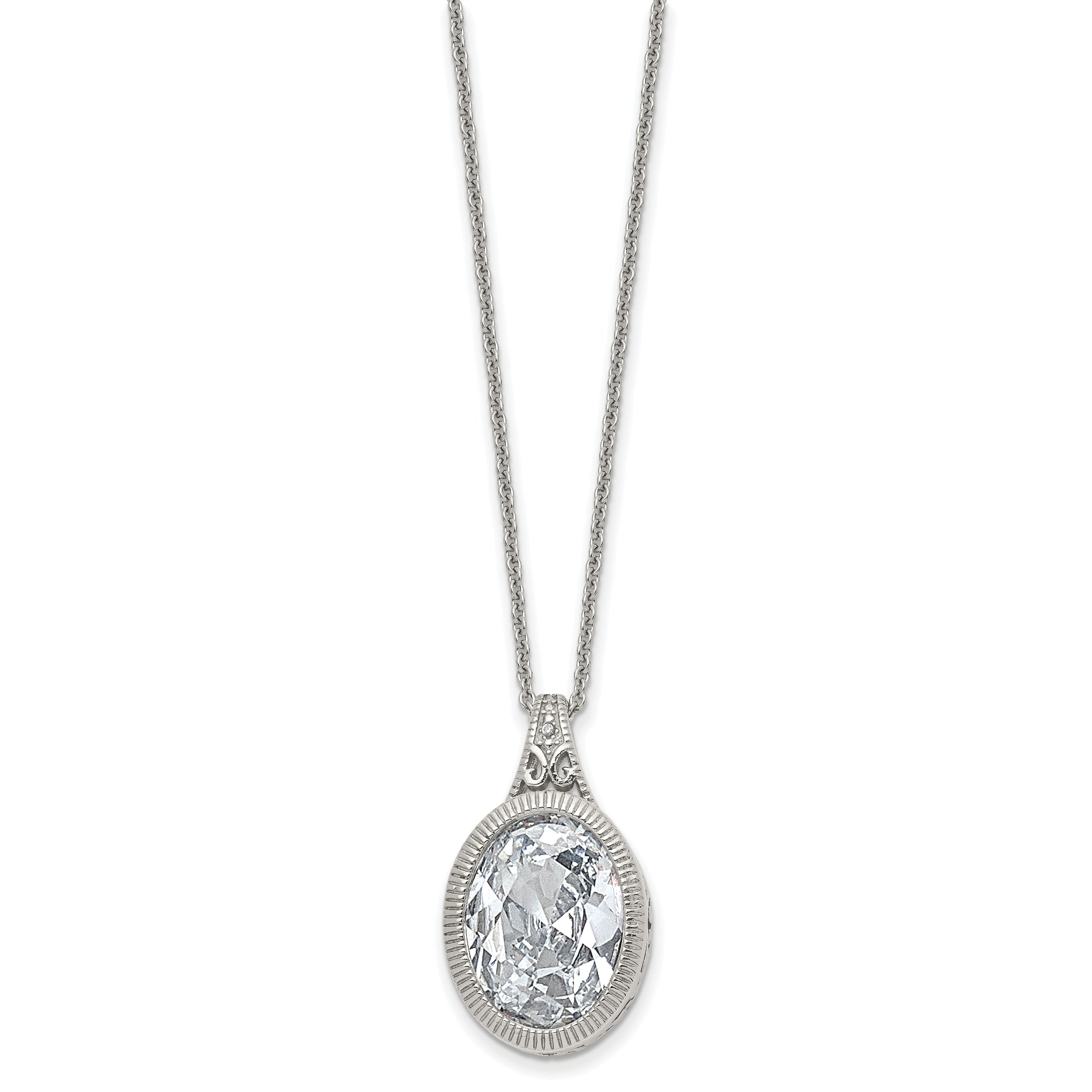 Chisel Stainless Steel Brushed and Polished Crystal Oval Pendant on an 18 inch Cable Chain Necklace