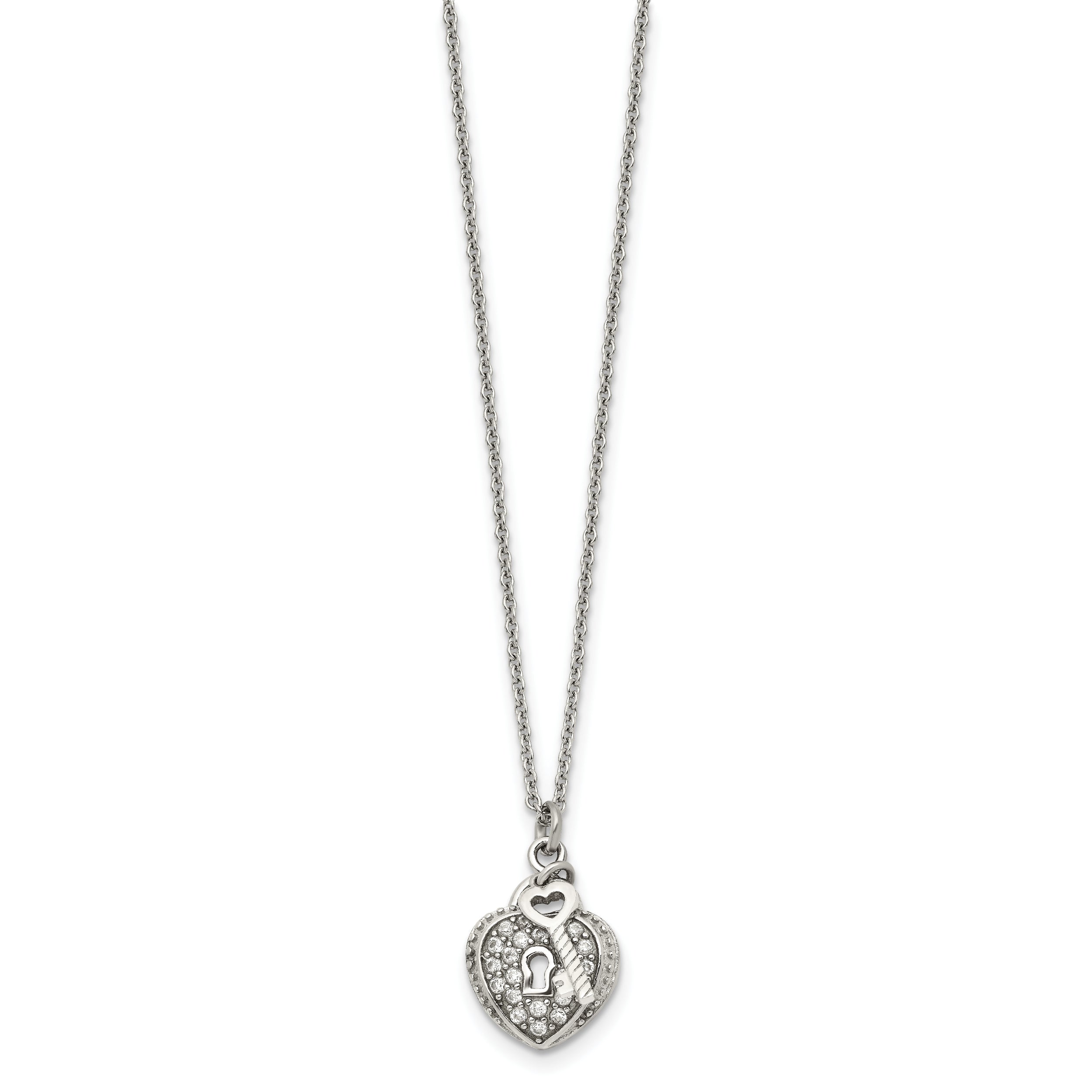 Chisel Stainless Steel Polished CZ Heart Lock and Key 2-Piece Moveable Pendant on an 18 inch Cable Chain Necklace