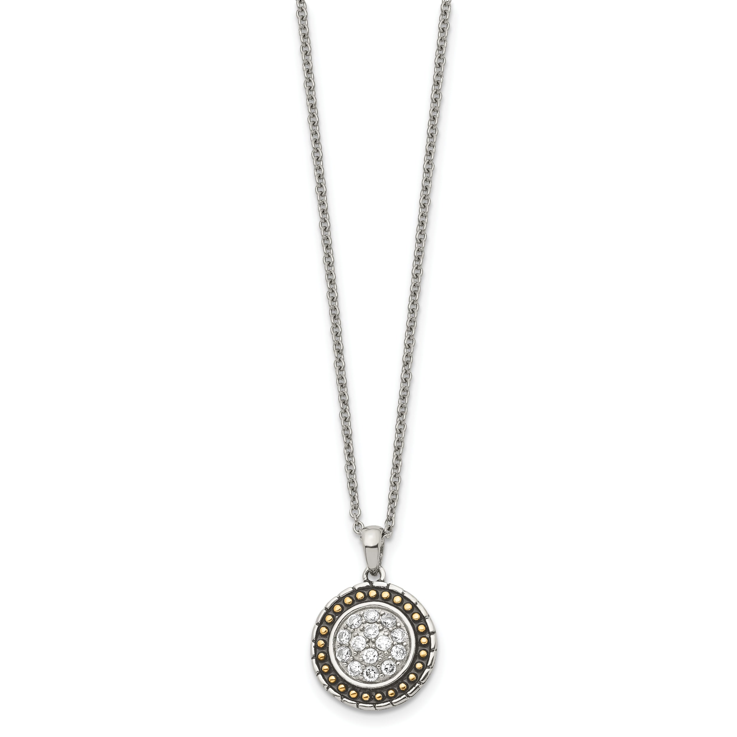 Chisel Stainless Steel Antiqued and Polished Yellow IP-plated with CZ Circle Pendant on an 18 inch Cable Chain Necklace