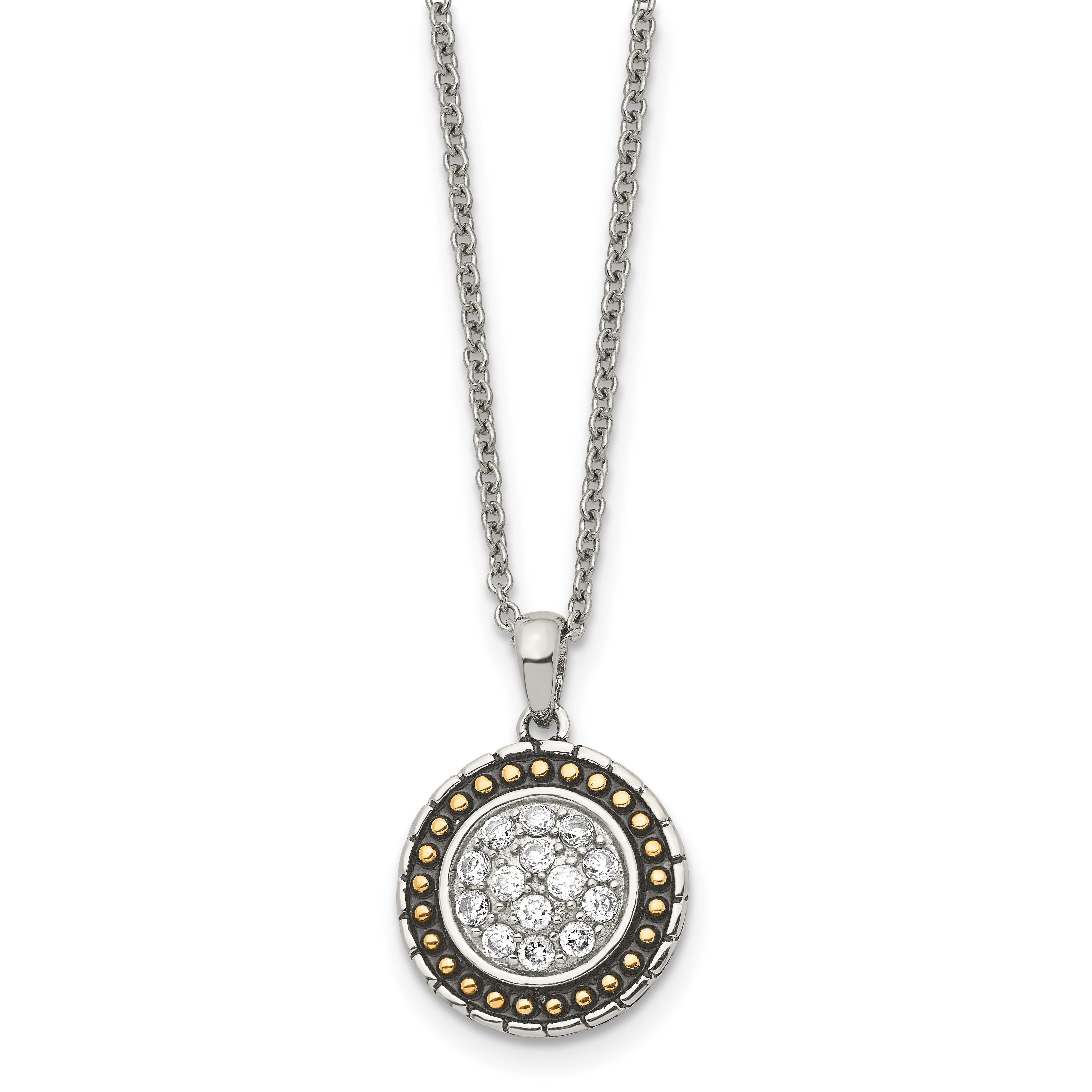 Chisel Stainless Steel Antiqued and Polished Yellow IP-plated with CZ Circle Pendant on an 18 inch Cable Chain Necklace