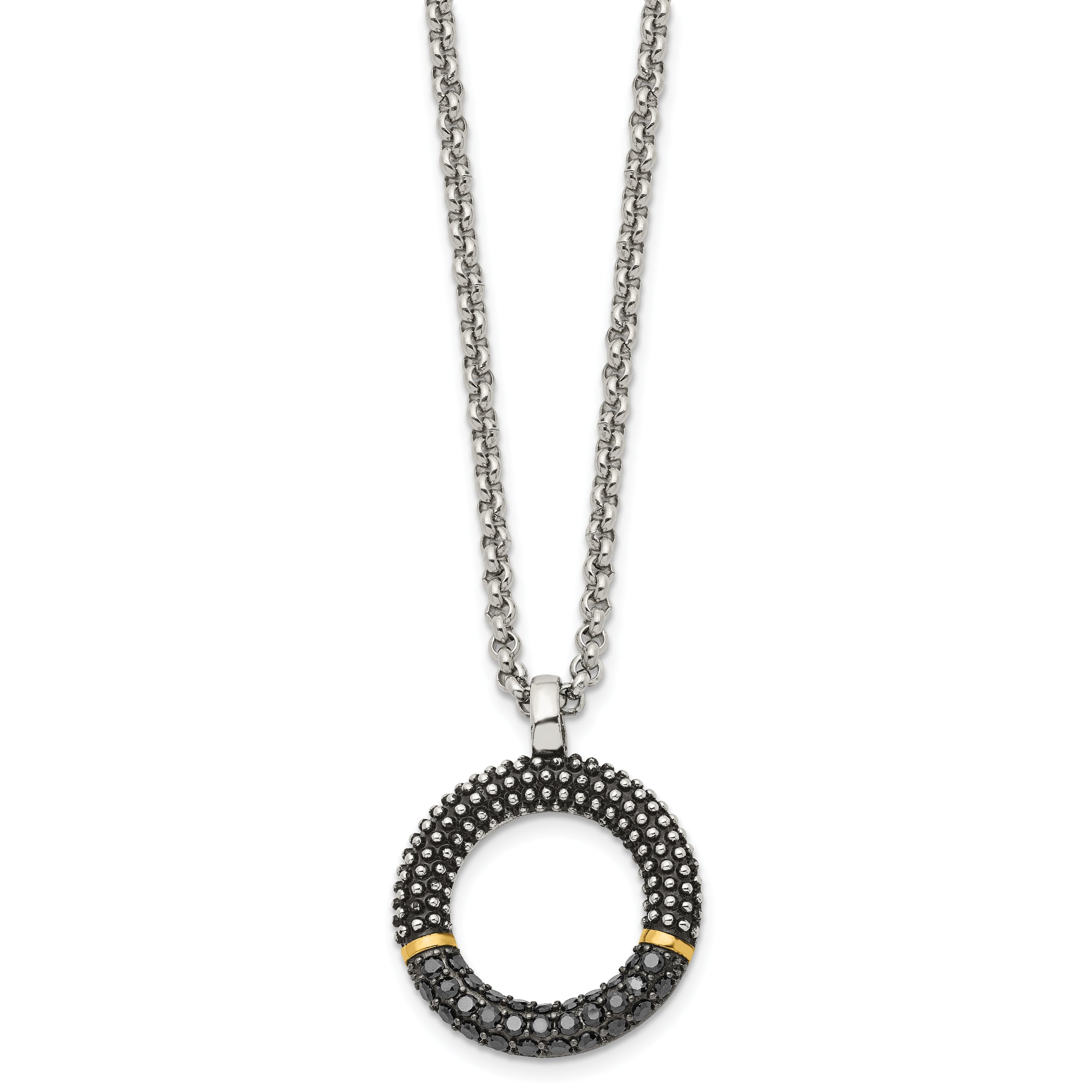 Stainless Steel Antiqued & Polished Yellow IP w/Black CZ 18in Necklace