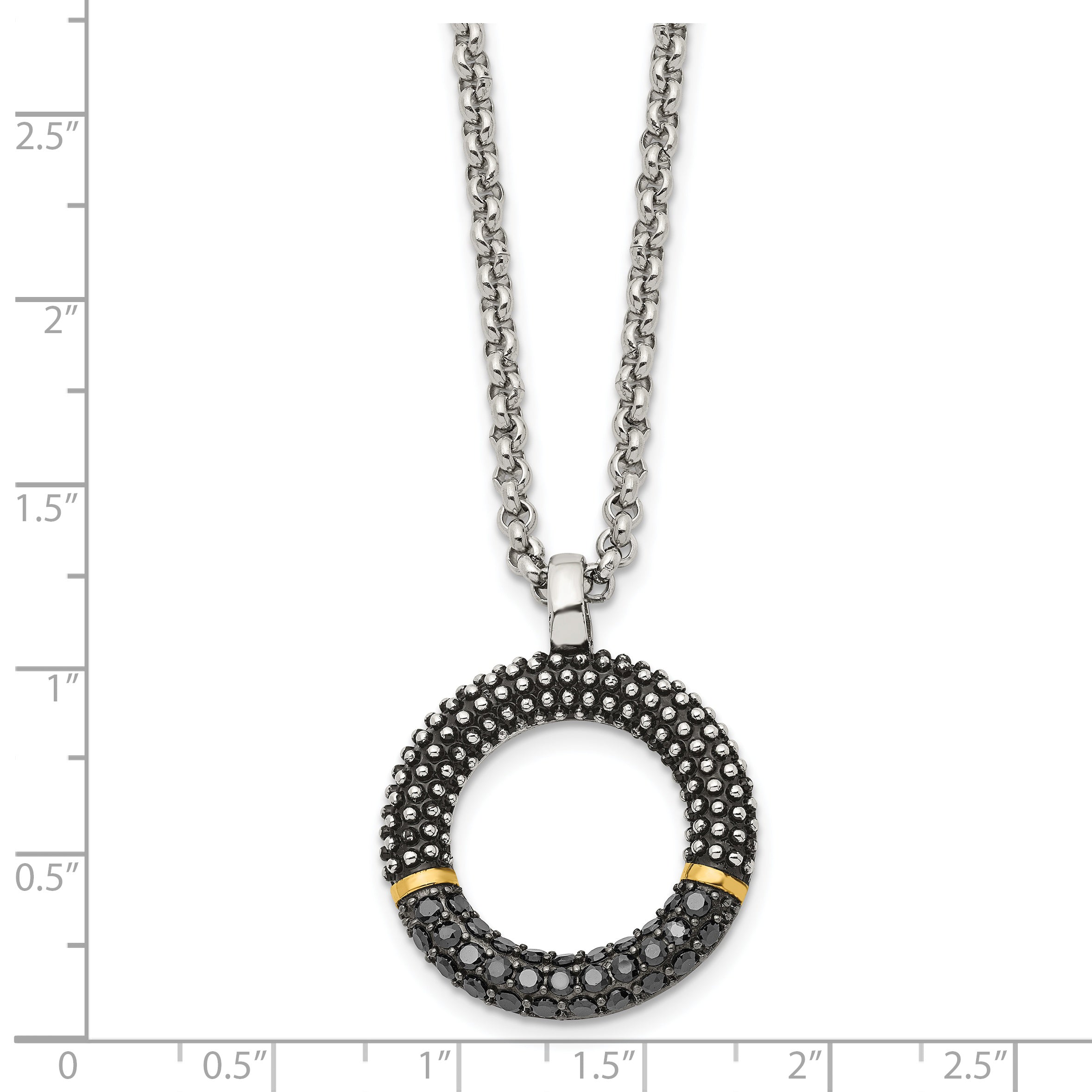 Stainless Steel Antiqued & Polished Yellow IP w/Black CZ 18in Necklace