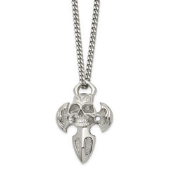 Chisel Stainless Steel Polished Cross with Skull Pendant on a 24 inch Curb Chain Necklace