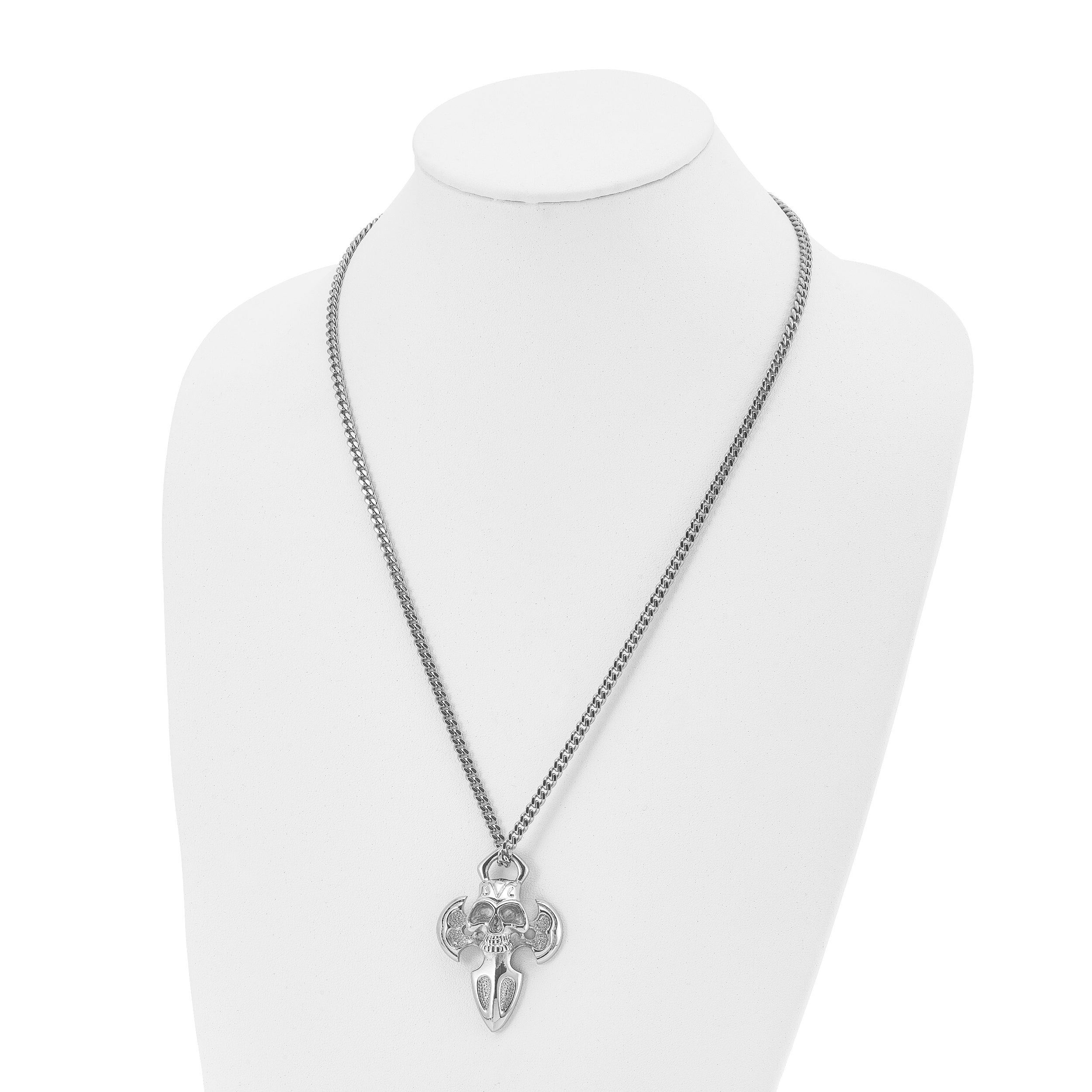 Chisel Stainless Steel Polished Cross with Skull Pendant on a 24 inch Curb Chain Necklace