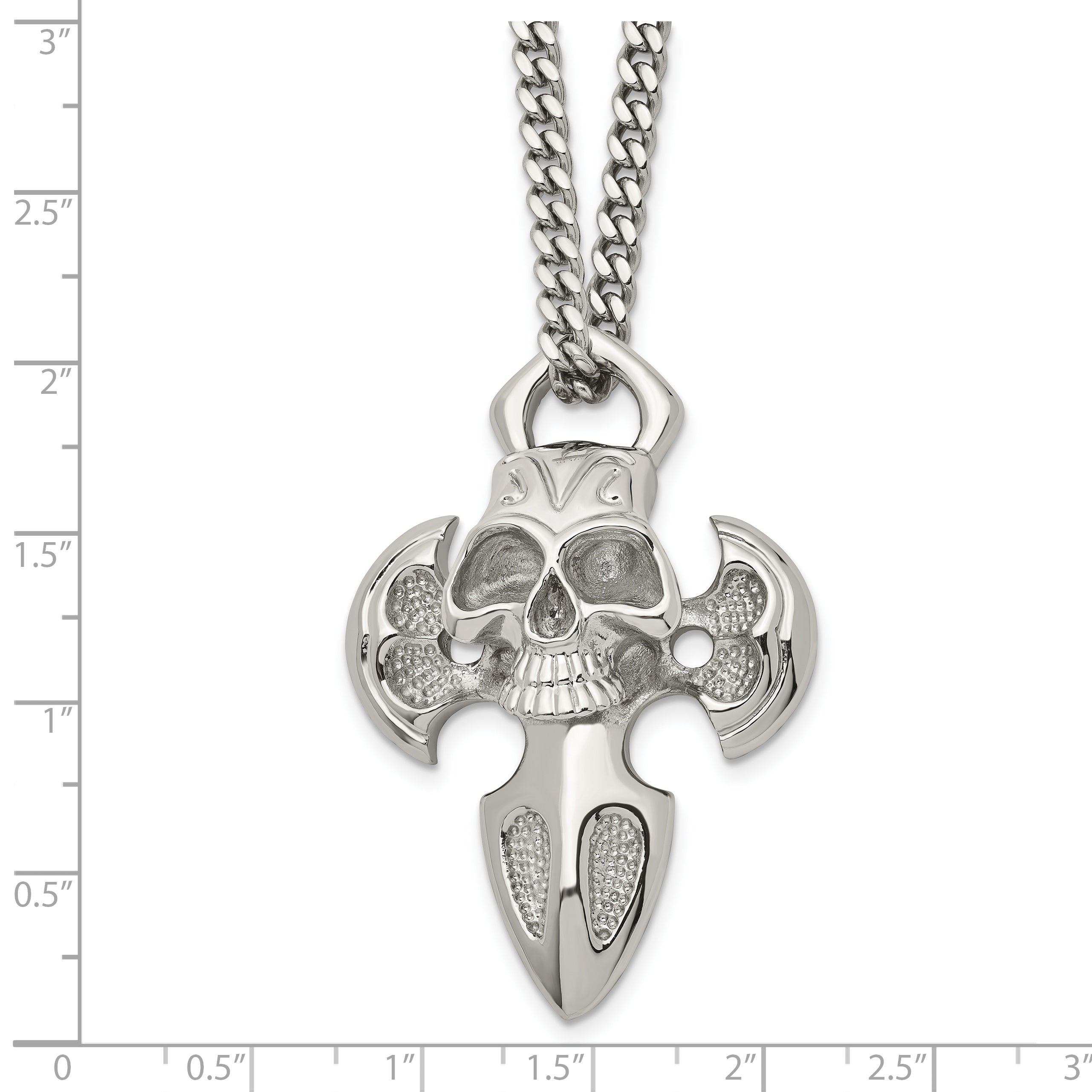 Chisel Stainless Steel Polished Cross with Skull Pendant on a 24 inch Curb Chain Necklace