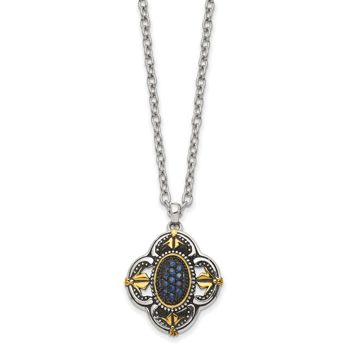 Stainless Steel Antiqued & Polished Yellow IP w/Blue Glass 18in Necklace