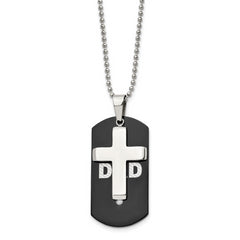 Chisel Stainless Steel Polished Black IP-plated with CZ DAD Dog Tag and Cross Pendant on a 22 inch Ball Chain Necklace