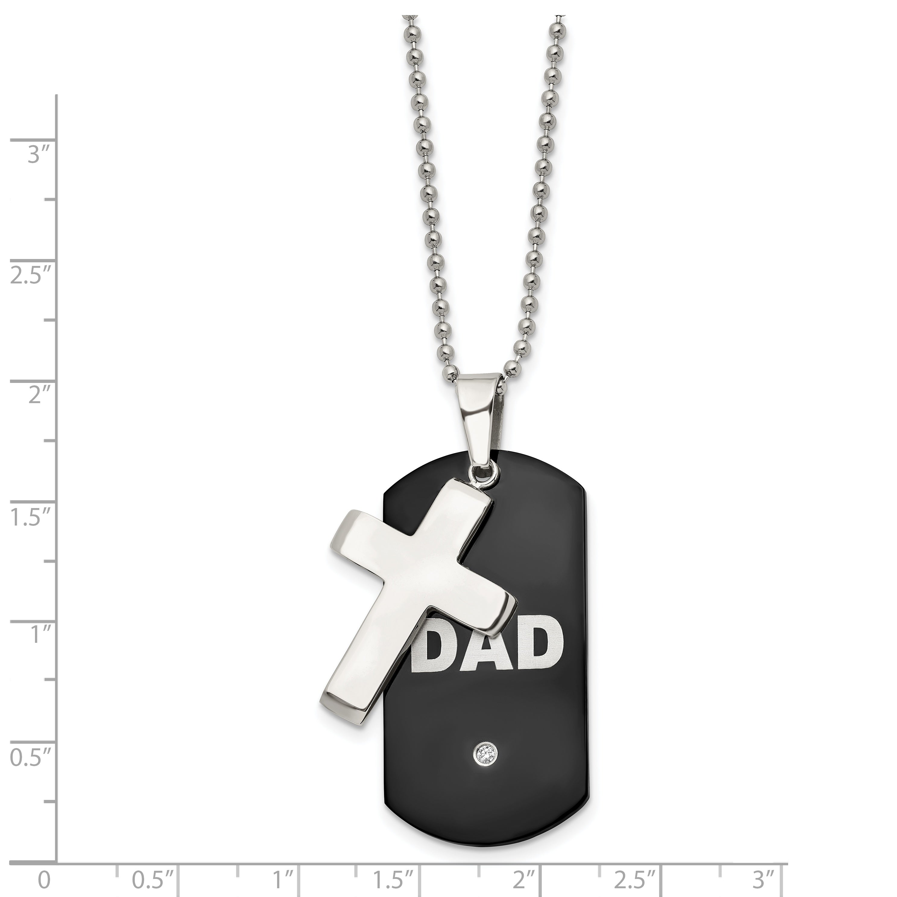 Chisel Stainless Steel Polished Black IP-plated with CZ DAD Dog Tag and Cross Pendant on a 22 inch Ball Chain Necklace