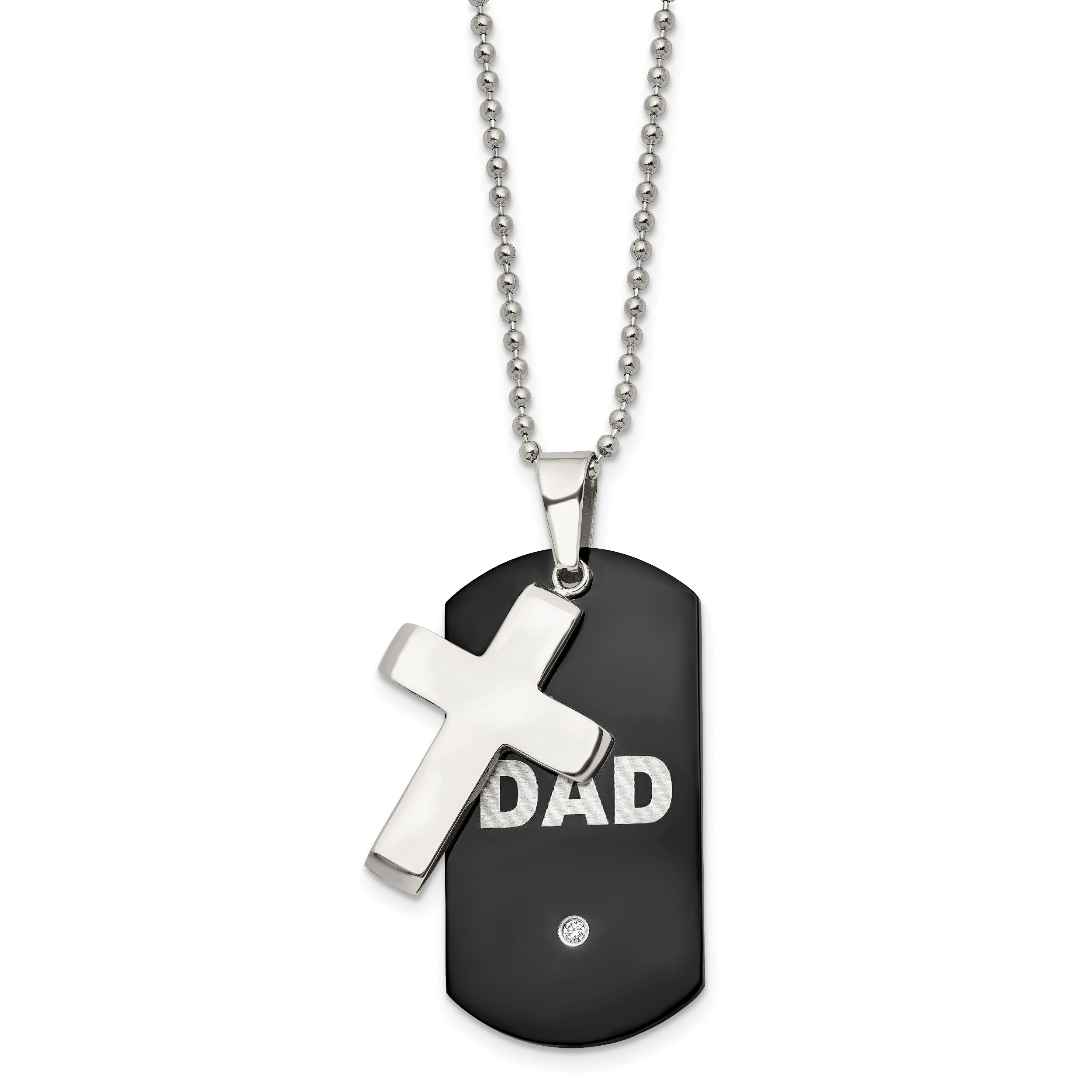 Chisel Stainless Steel Polished Black IP-plated with CZ DAD Dog Tag and Cross Pendant on a 22 inch Ball Chain Necklace