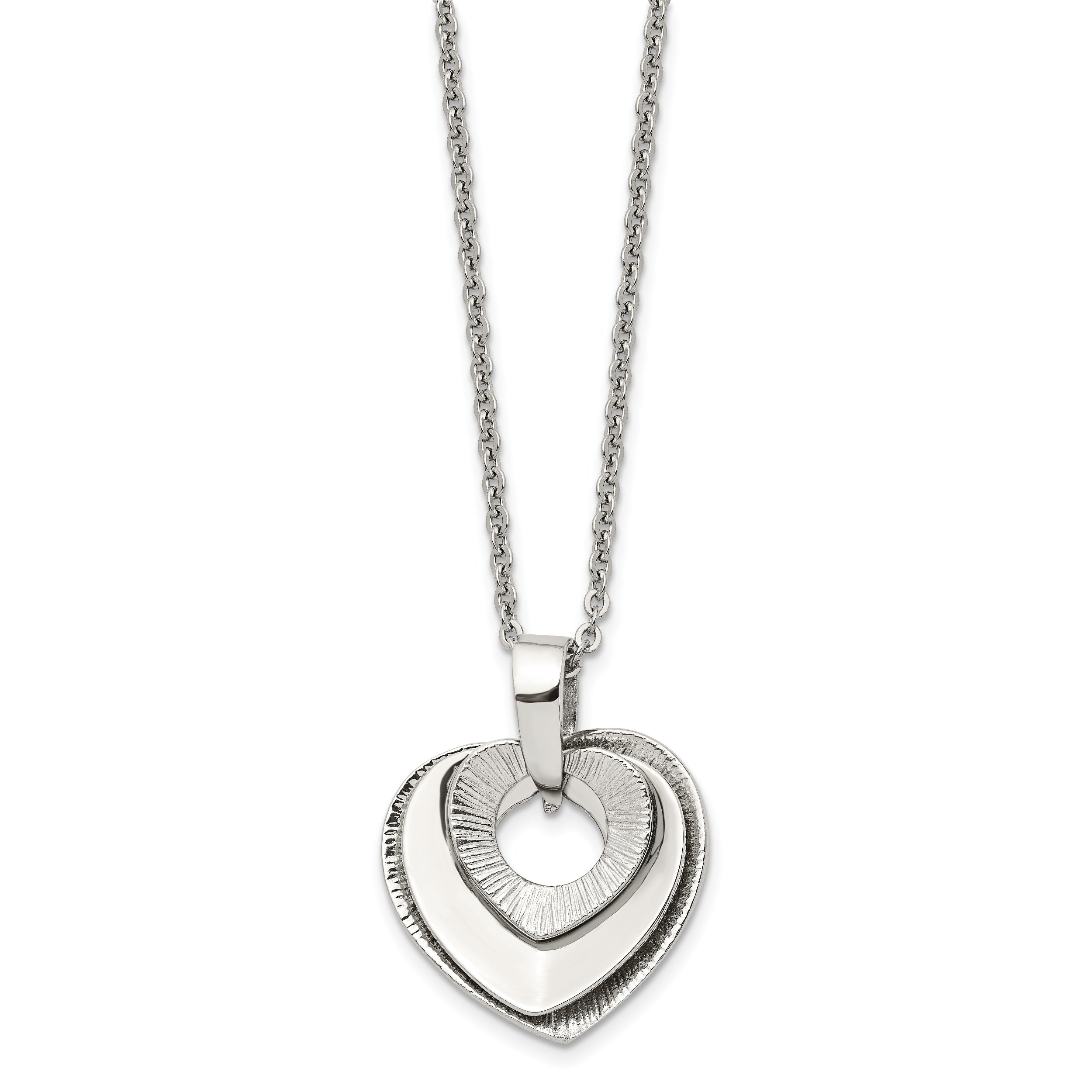 Chisel Stainless Steel Polished Three Piece Moveable Heart Pendant on a 20 inch Cable Chain Necklace