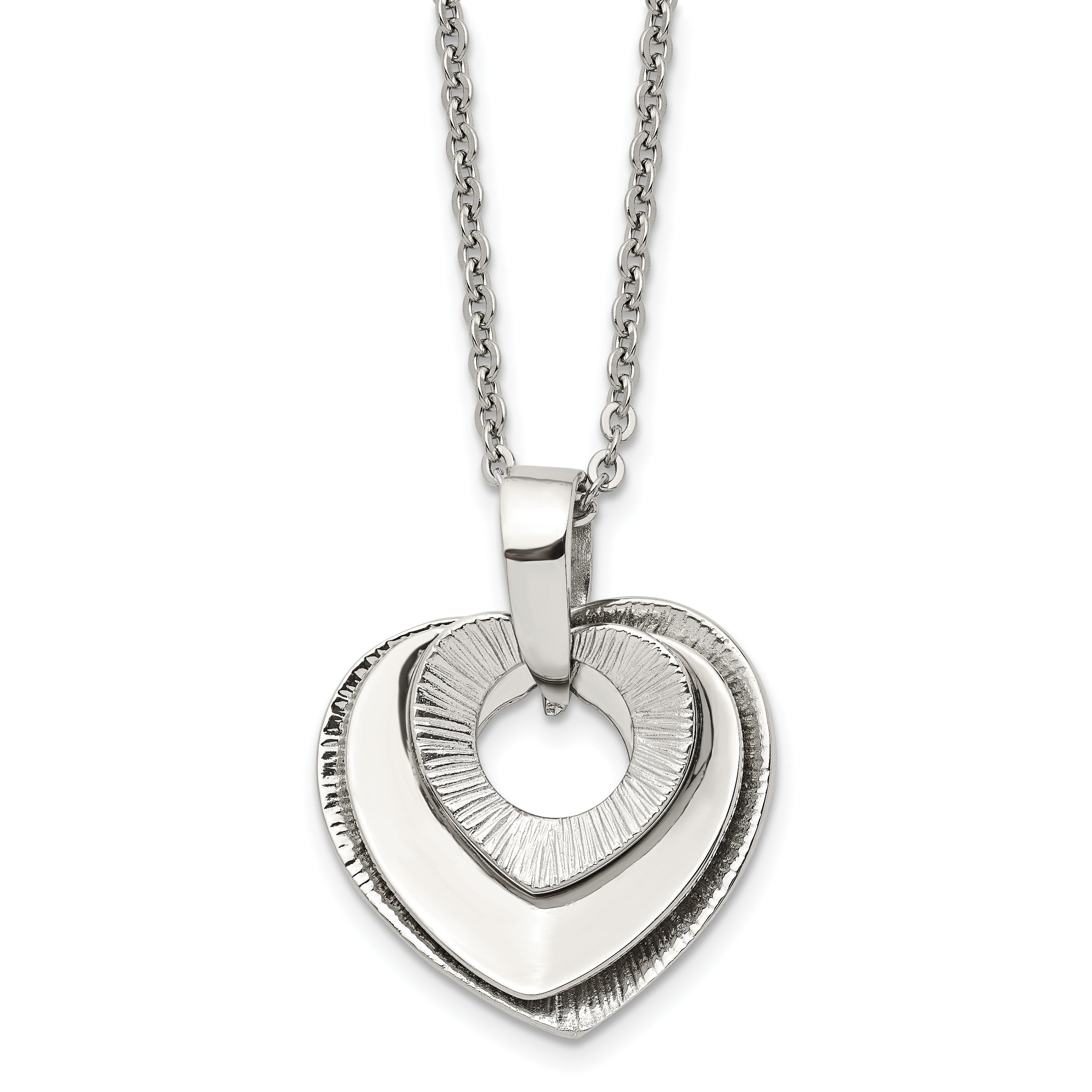 Chisel Stainless Steel Polished Three Piece Moveable Heart Pendant on a 20 inch Cable Chain Necklace