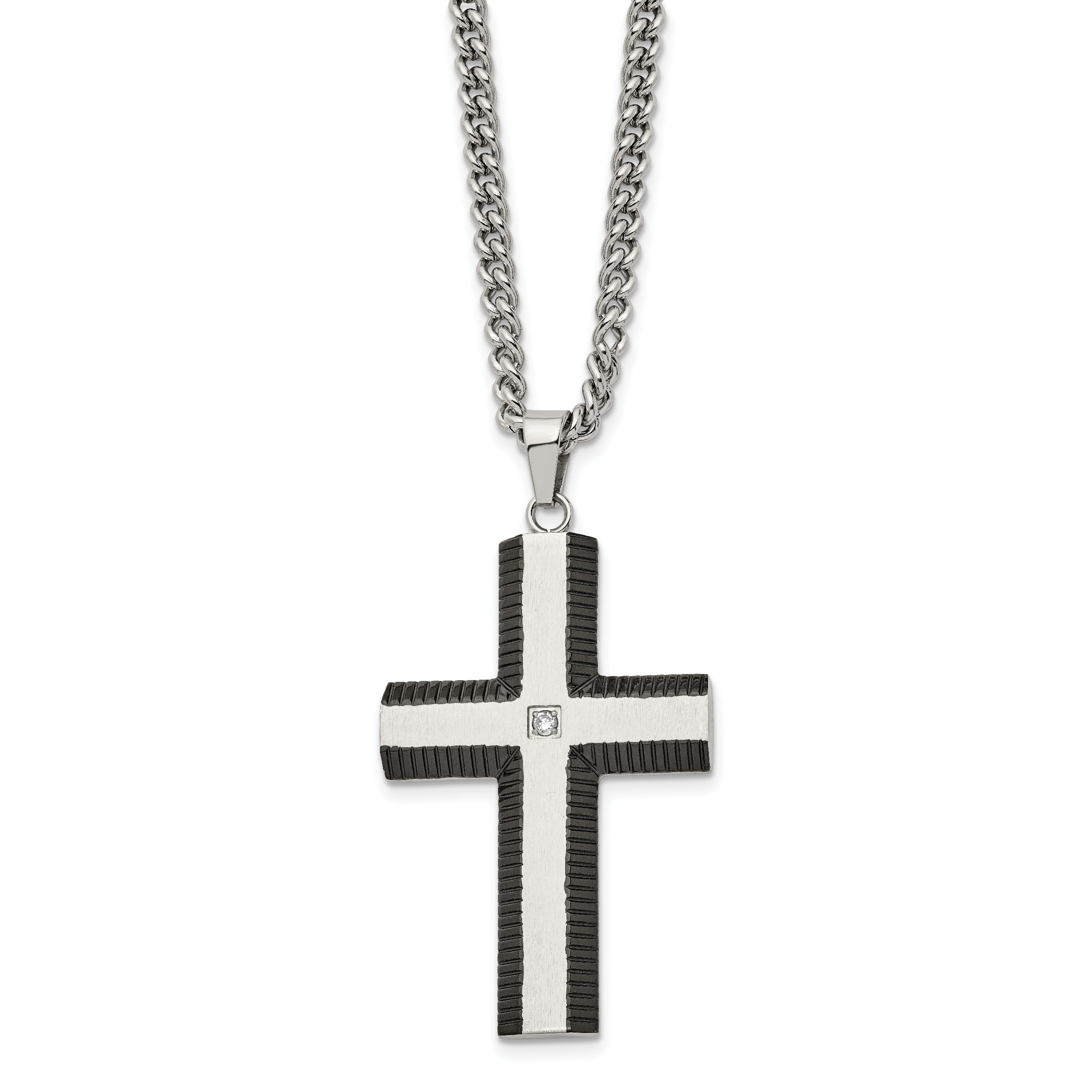 Chisel Stainless Steel Brushed and Polished Black IP-plated Edges with CZ Cross Pendant on a 22 inch Curb Chain Necklace