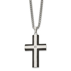 Chisel Stainless Steel Brushed and Polished Black IP-plated Edges with CZ Cross Pendant on a 22 inch Curb Chain Necklace