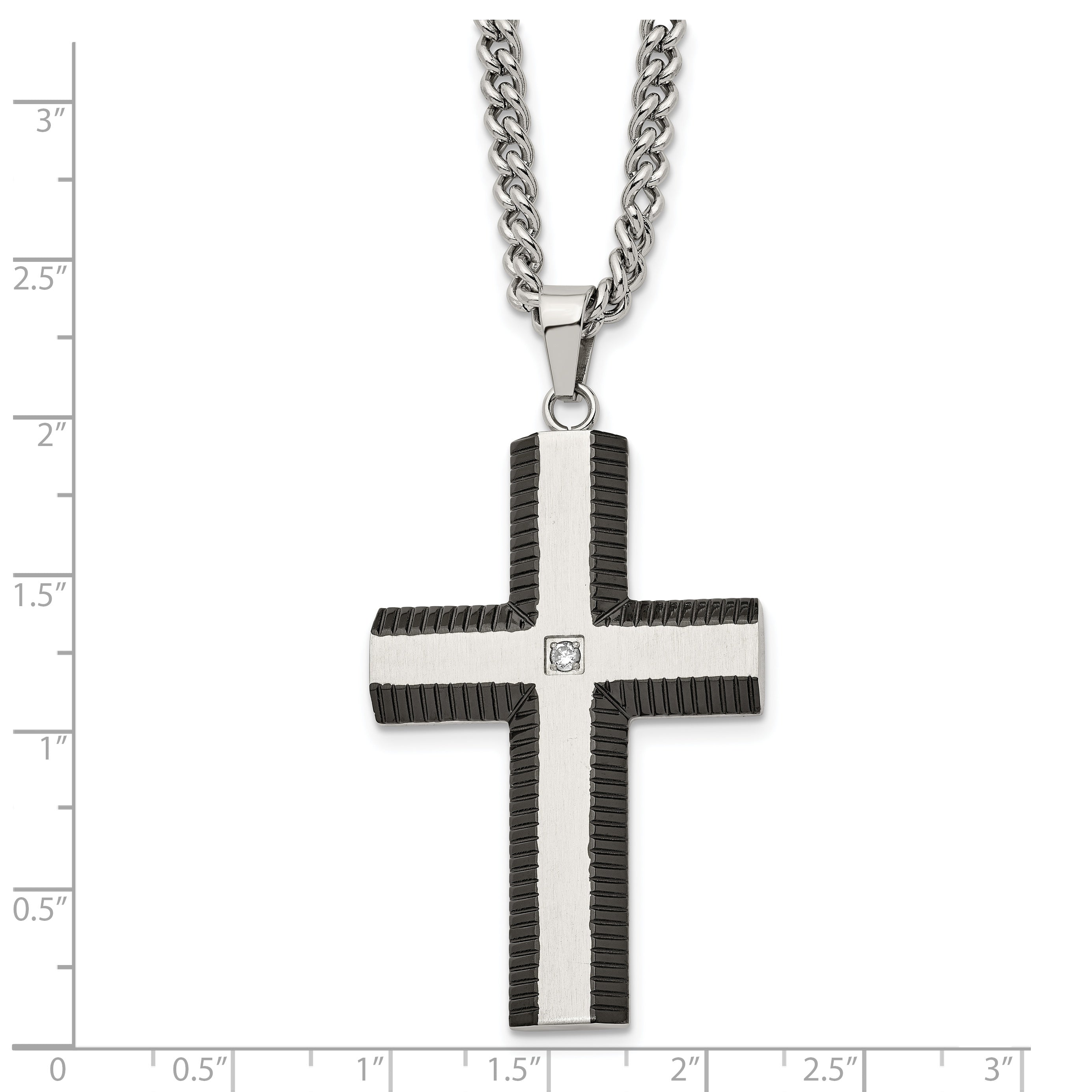 Chisel Stainless Steel Brushed and Polished Black IP-plated Edges with CZ Cross Pendant on a 22 inch Curb Chain Necklace