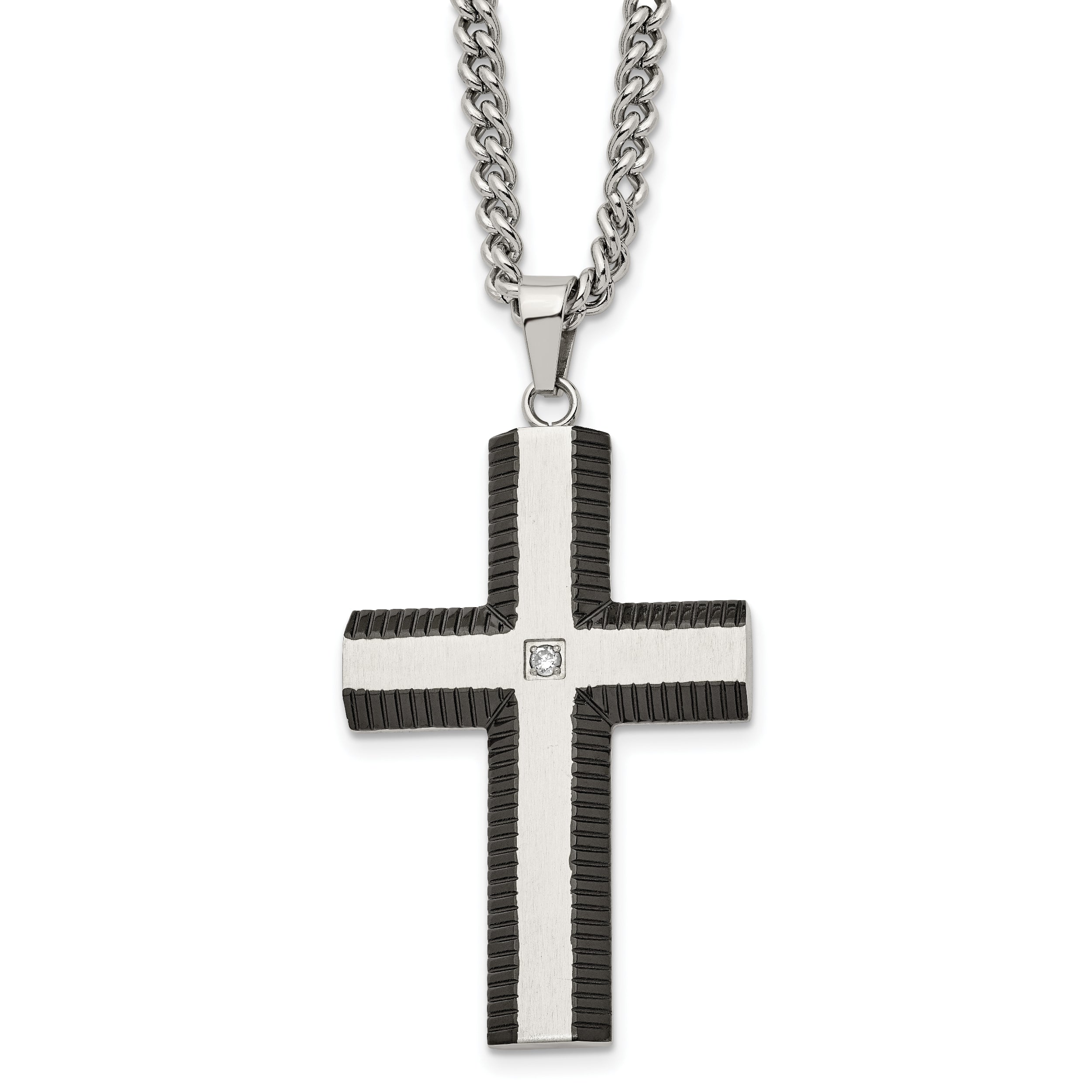 Chisel Stainless Steel Brushed and Polished Black IP-plated Edges with CZ Cross Pendant on a 22 inch Curb Chain Necklace