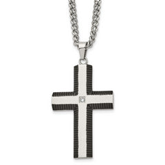 Chisel Stainless Steel Brushed and Polished Black IP-plated Edges with CZ Cross Pendant on a 22 inch Curb Chain Necklace