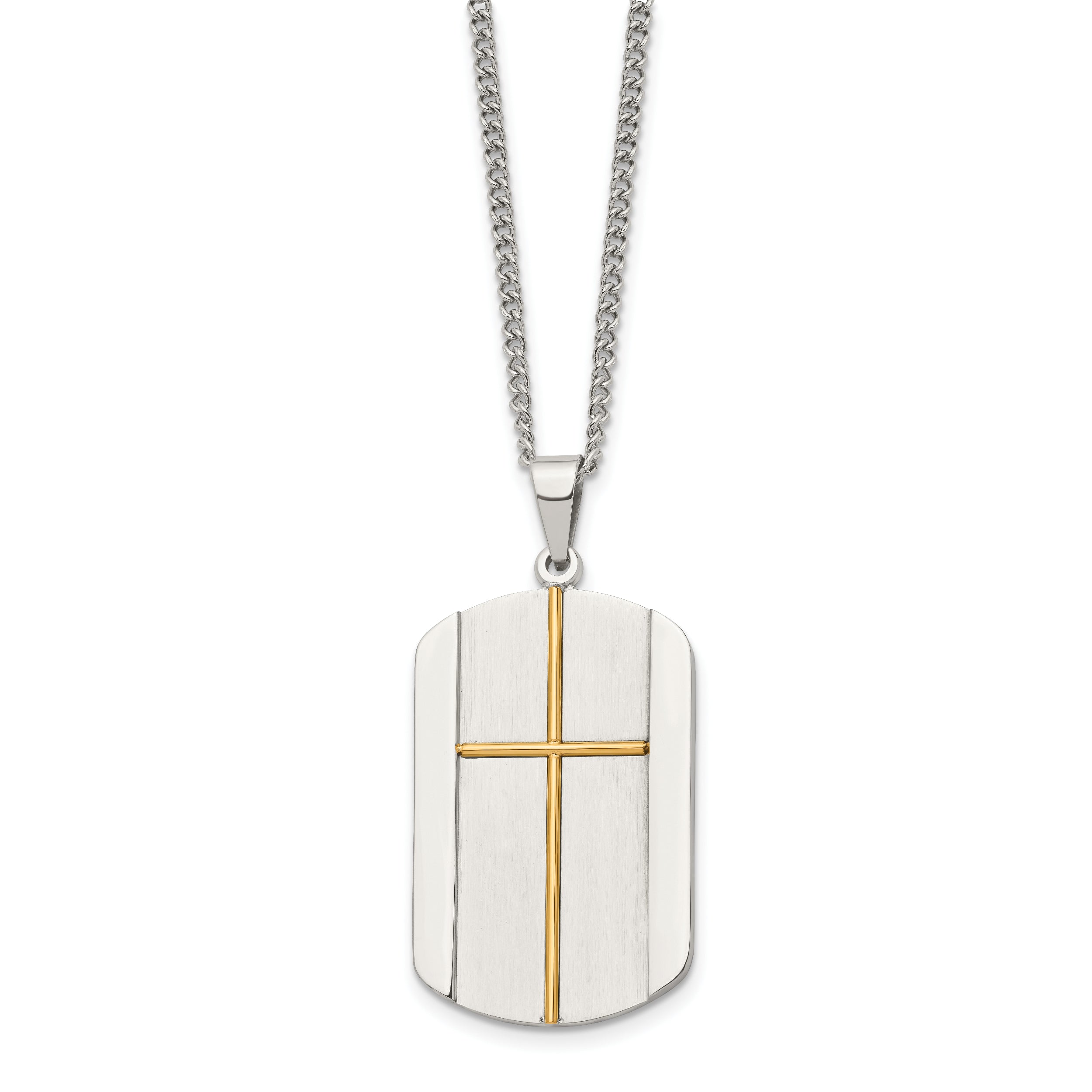 Chisel Stainless Steel Brushed and Polished Yellow IP-plated Cross Dog Tag on a 22 inch Curb Chain Necklace