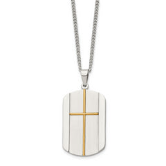 Chisel Stainless Steel Brushed and Polished Yellow IP-plated Cross Dog Tag on a 22 inch Curb Chain Necklace