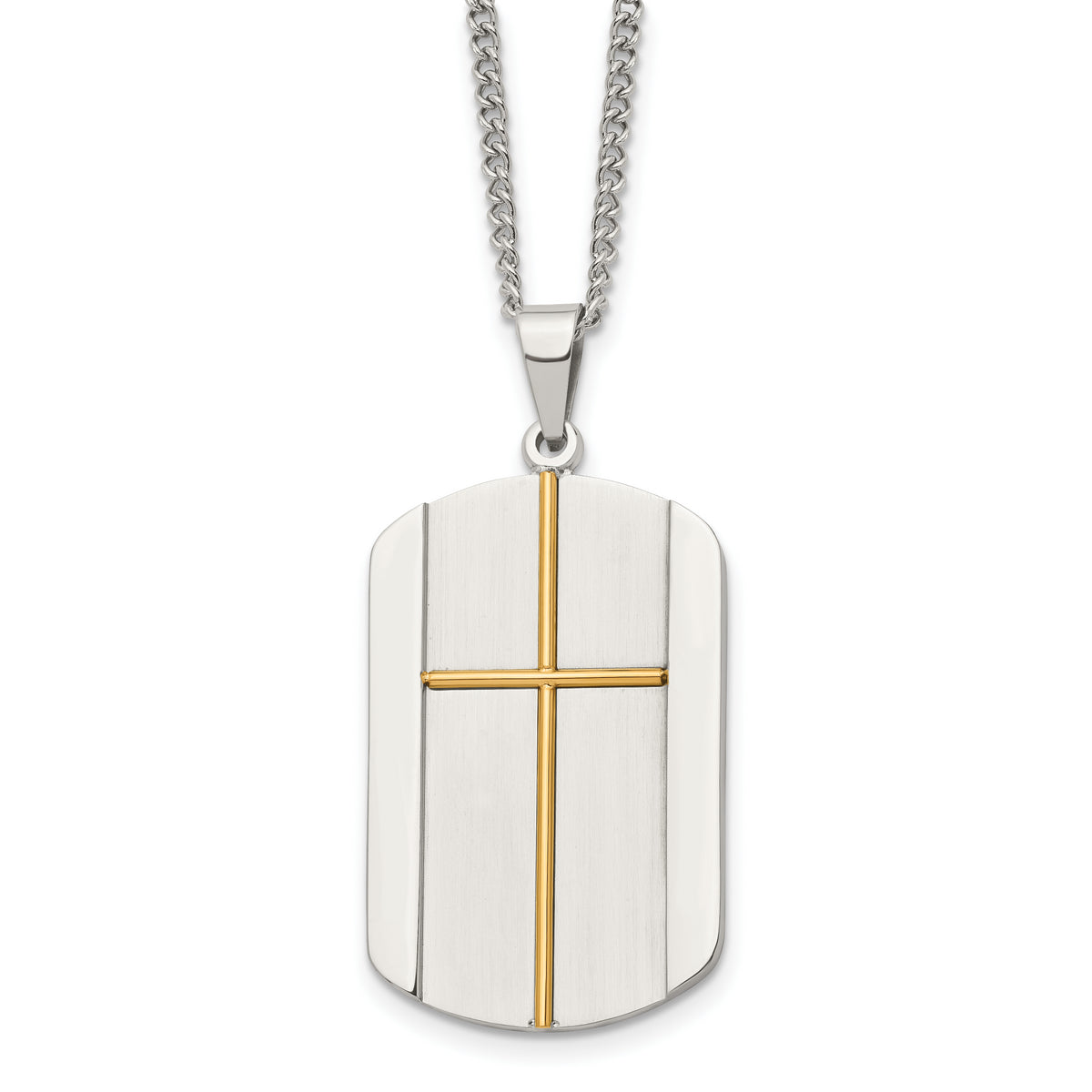 Chisel Stainless Steel Brushed and Polished Yellow IP-plated Cross Dog Tag on a 22 inch Curb Chain Necklace