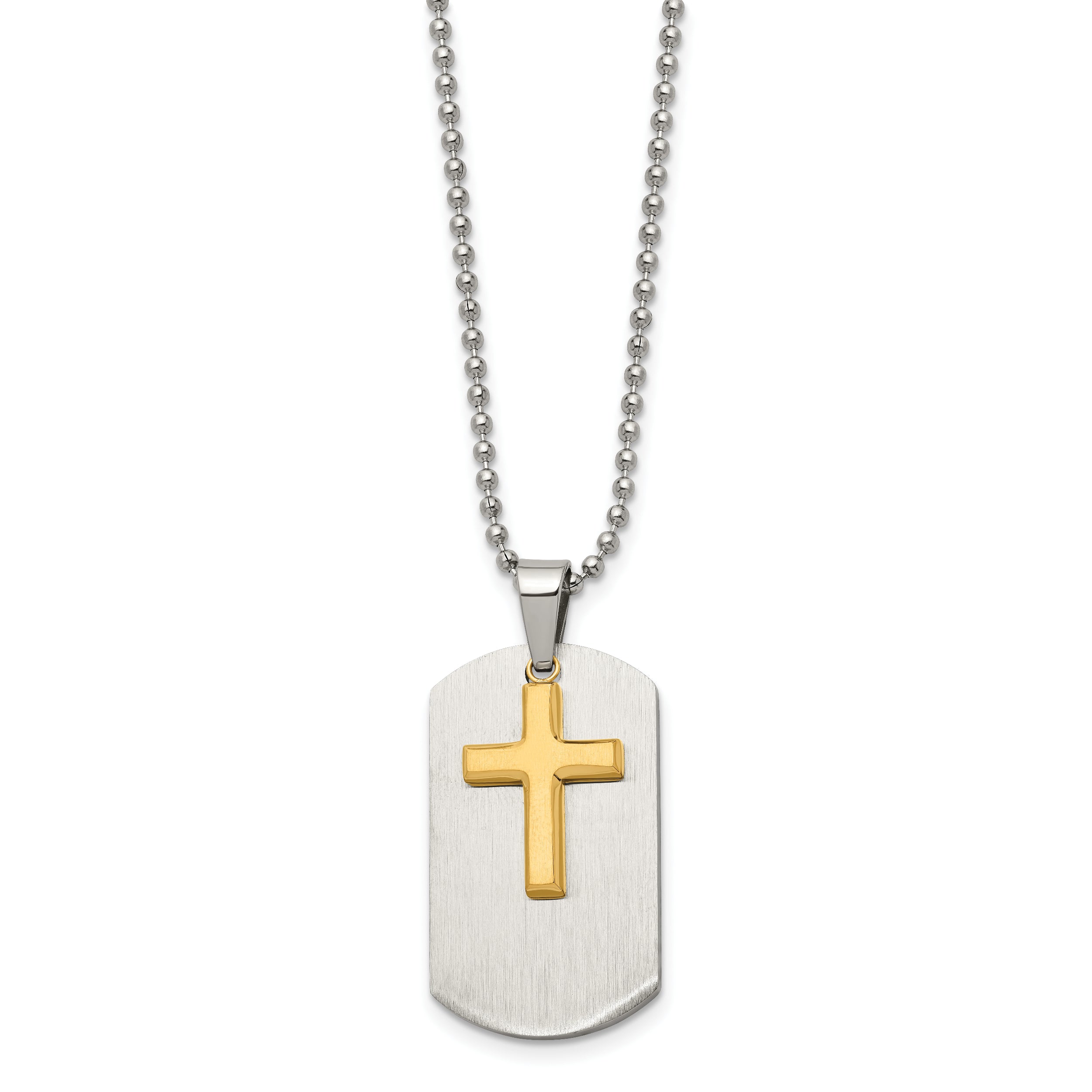 Chisel Stainless Steel Brushed and Polished Yellow IP-plated 2 Piece Cross Dog Tag on a 22 inch Ball Chain Necklace