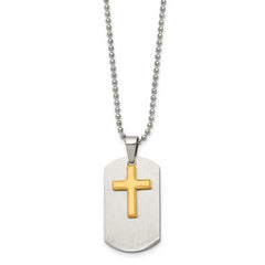 Chisel Stainless Steel Brushed and Polished Yellow IP-plated 2 Piece Cross Dog Tag on a 22 inch Ball Chain Necklace