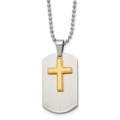 Chisel Stainless Steel Brushed and Polished Yellow IP-plated 2 Piece Cross Dog Tag on a 22 inch Ball Chain Necklace