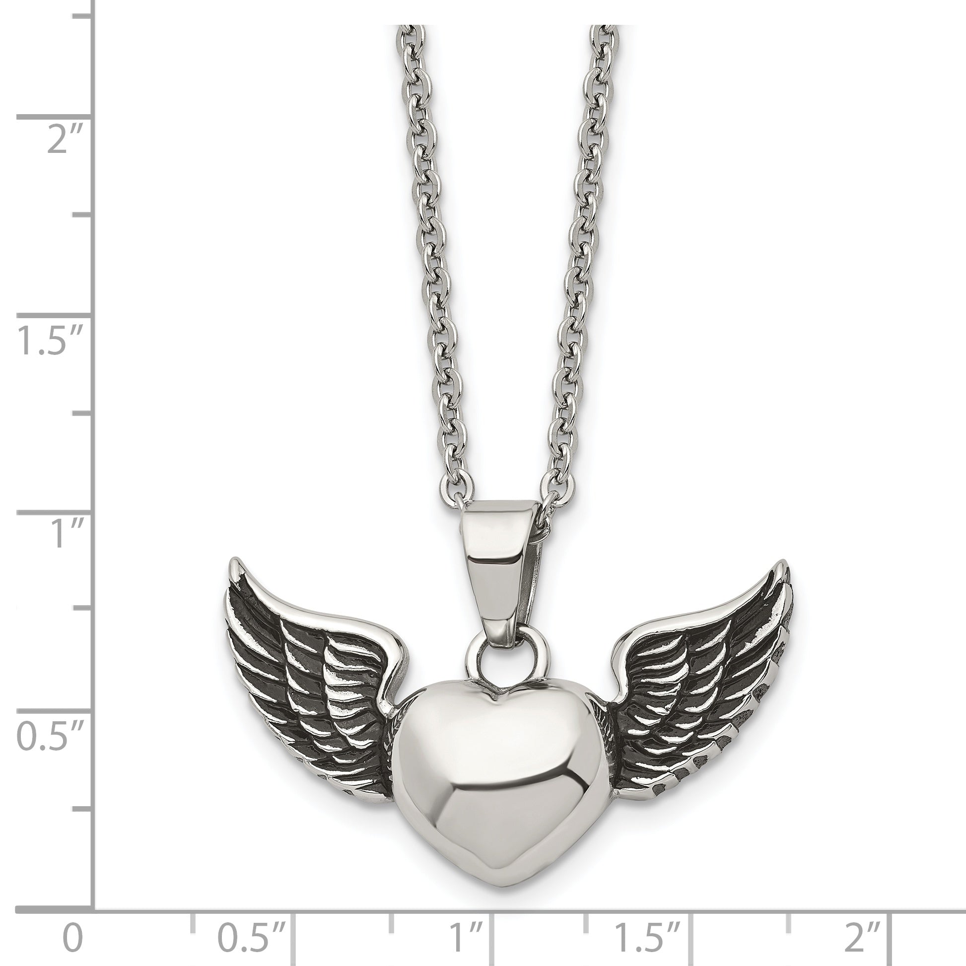 Chisel Stainless Steel Antiqued and Polished Heart with Wings Pendant on an 18 inch Cable Chain Necklace