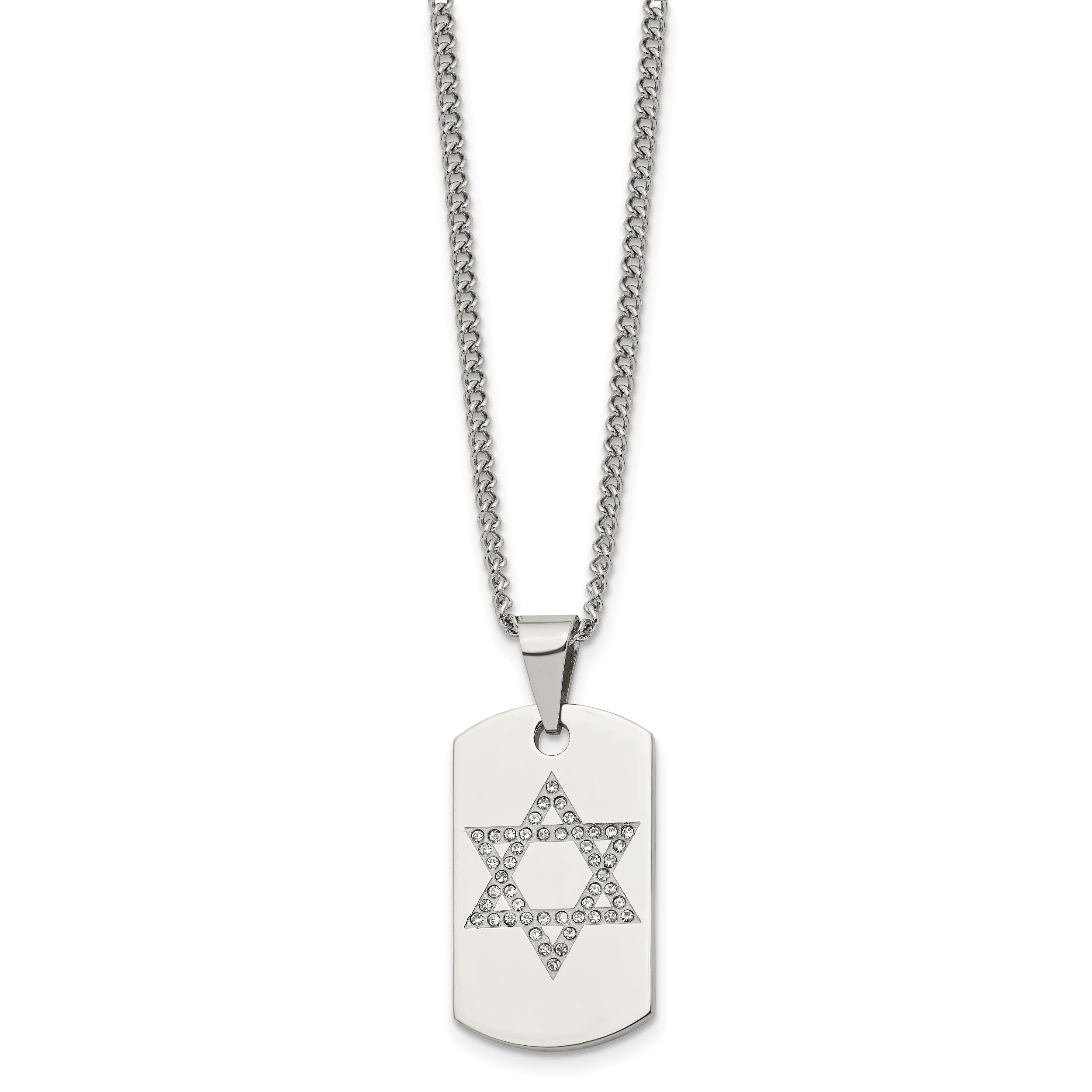 Chisel Stainless Steel Polished with CZ Star of David Dog Tag on a 22 inch Curb Chain Necklace