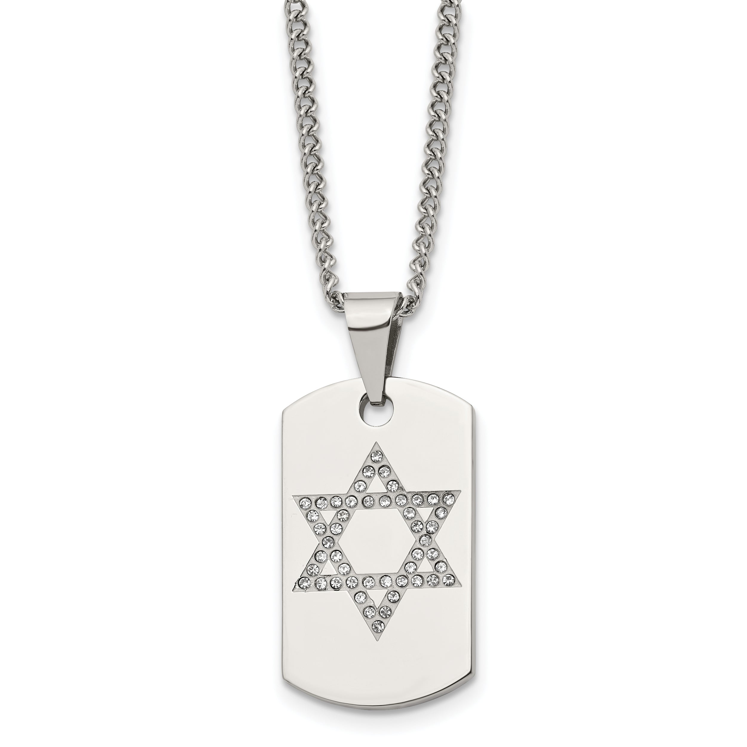 Chisel Stainless Steel Polished with CZ Star of David Dog Tag on a 22 inch Curb Chain Necklace