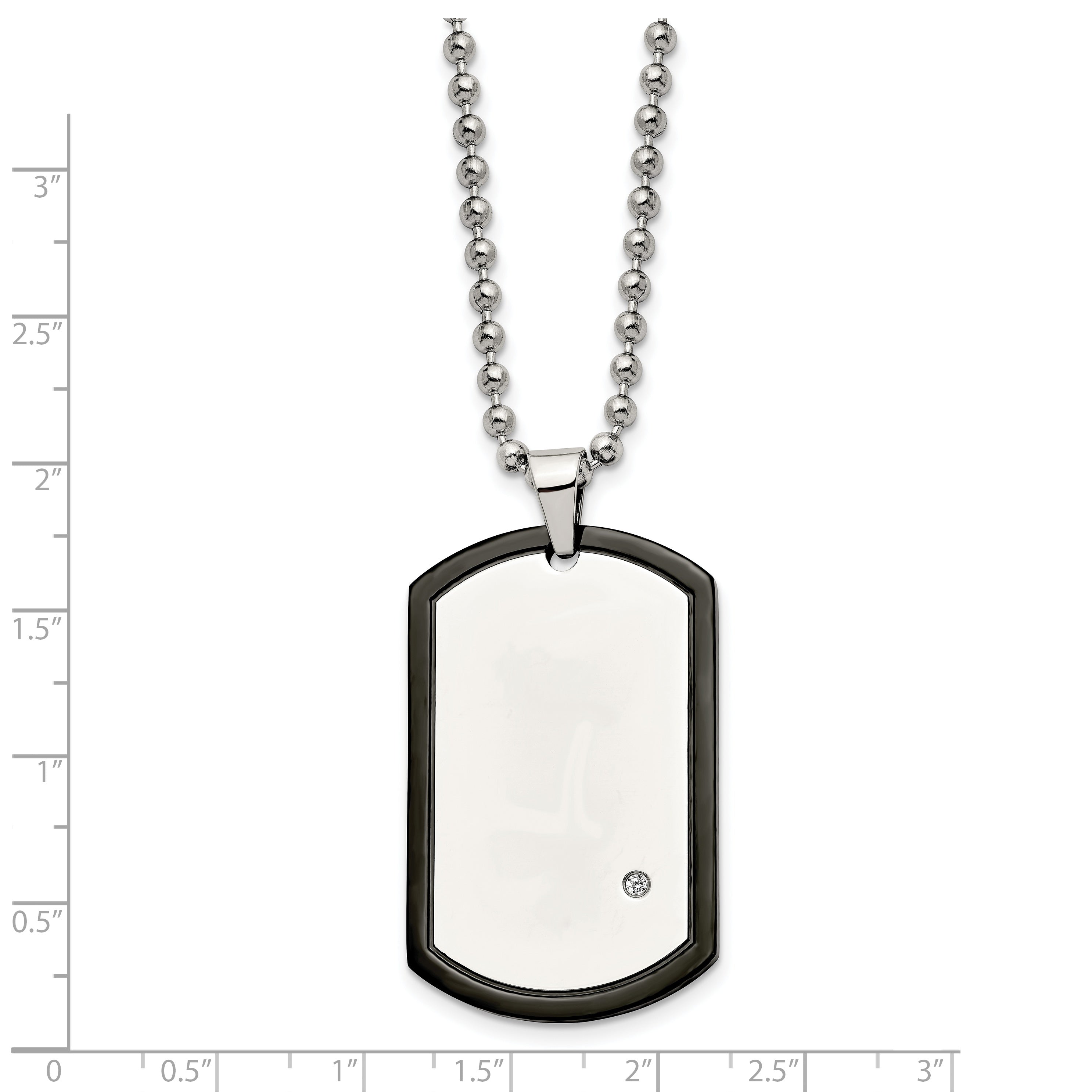 Chisel Stainless Steel Polished Black IP-plated with CZ Dog Tag on a 22 inch Ball Chain Necklace