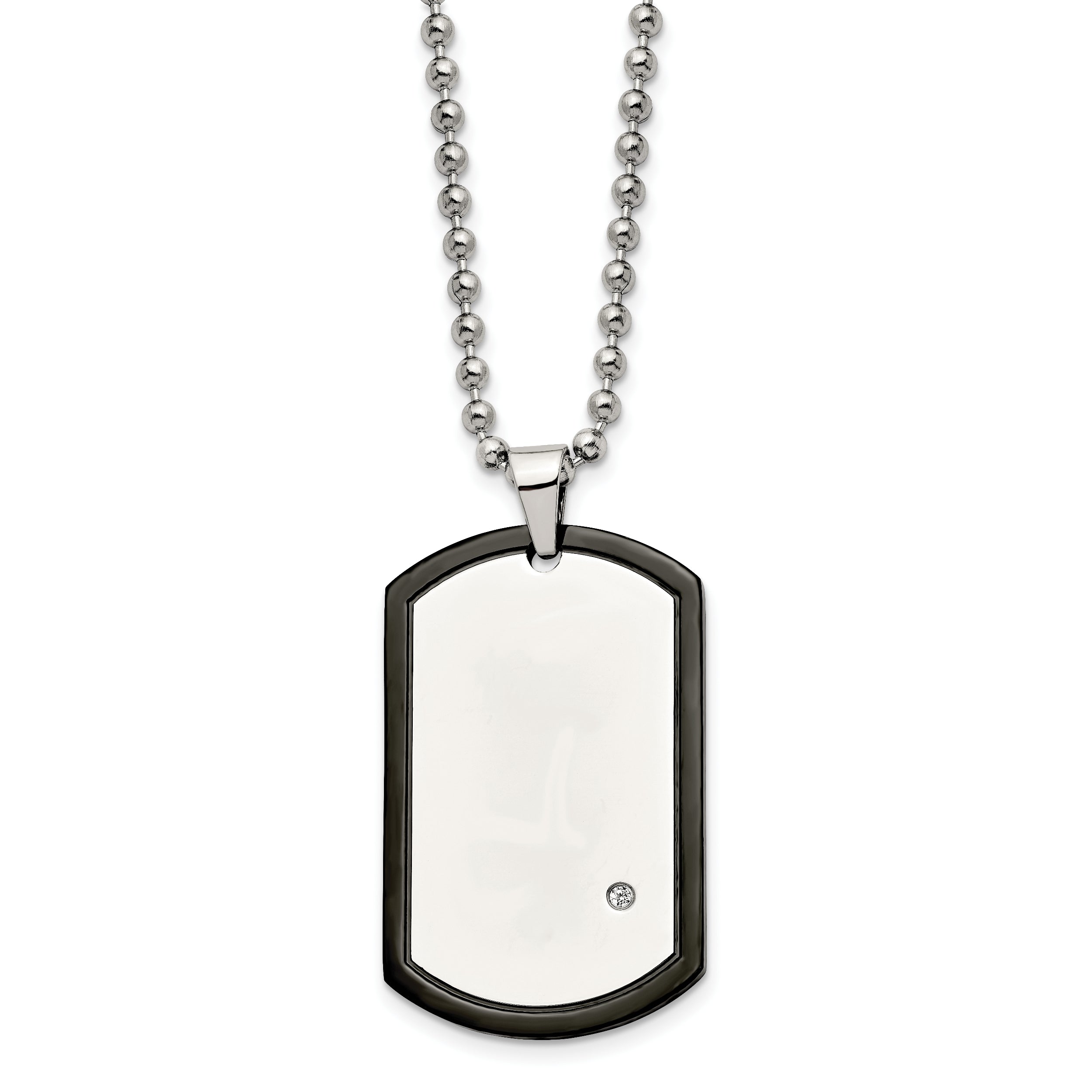 Chisel Stainless Steel Polished Black IP-plated with CZ Dog Tag on a 22 inch Ball Chain Necklace