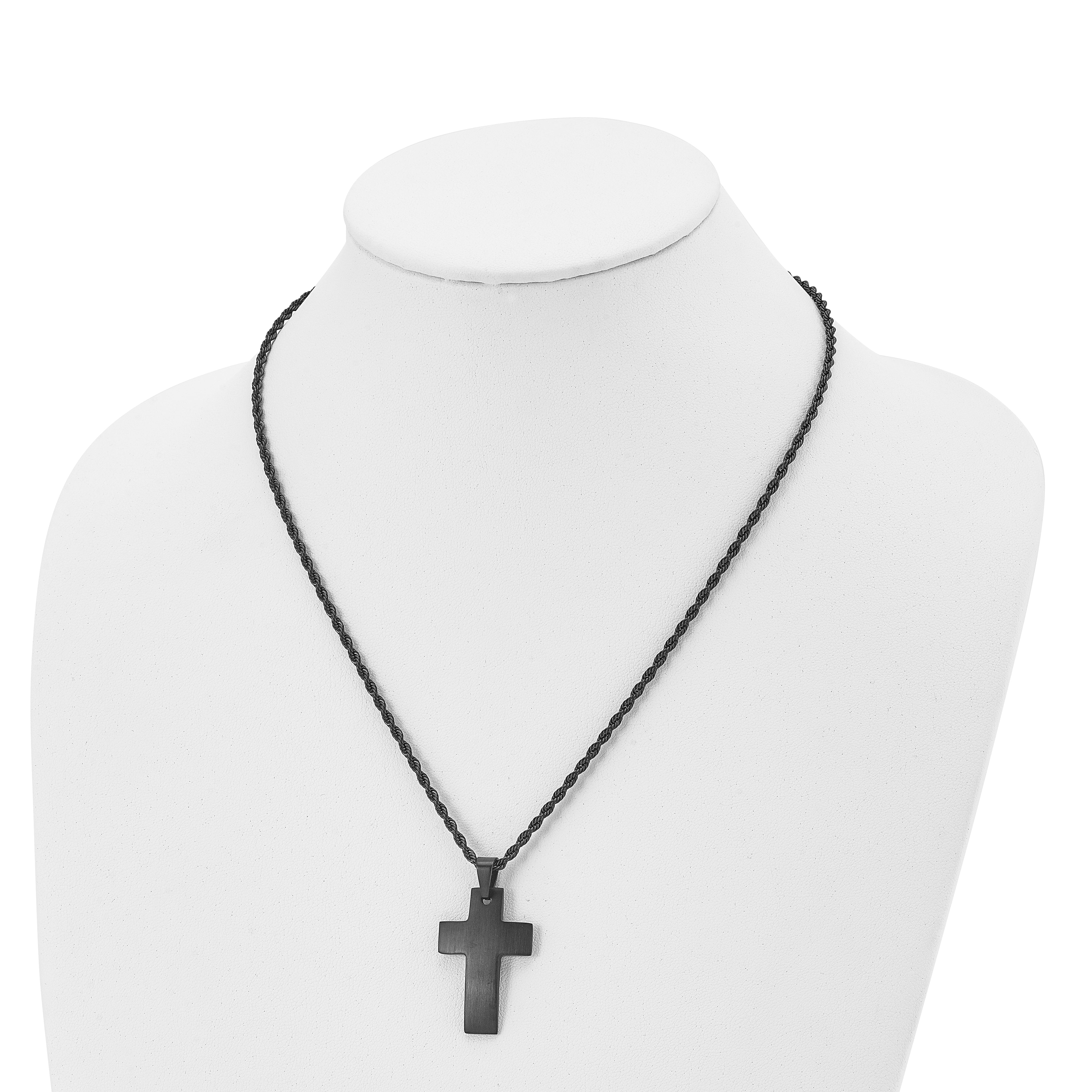 Chisel Stainless Steel Brushed Black IP-plated Cross Pendant on a 20 inch Rope Chain Necklace