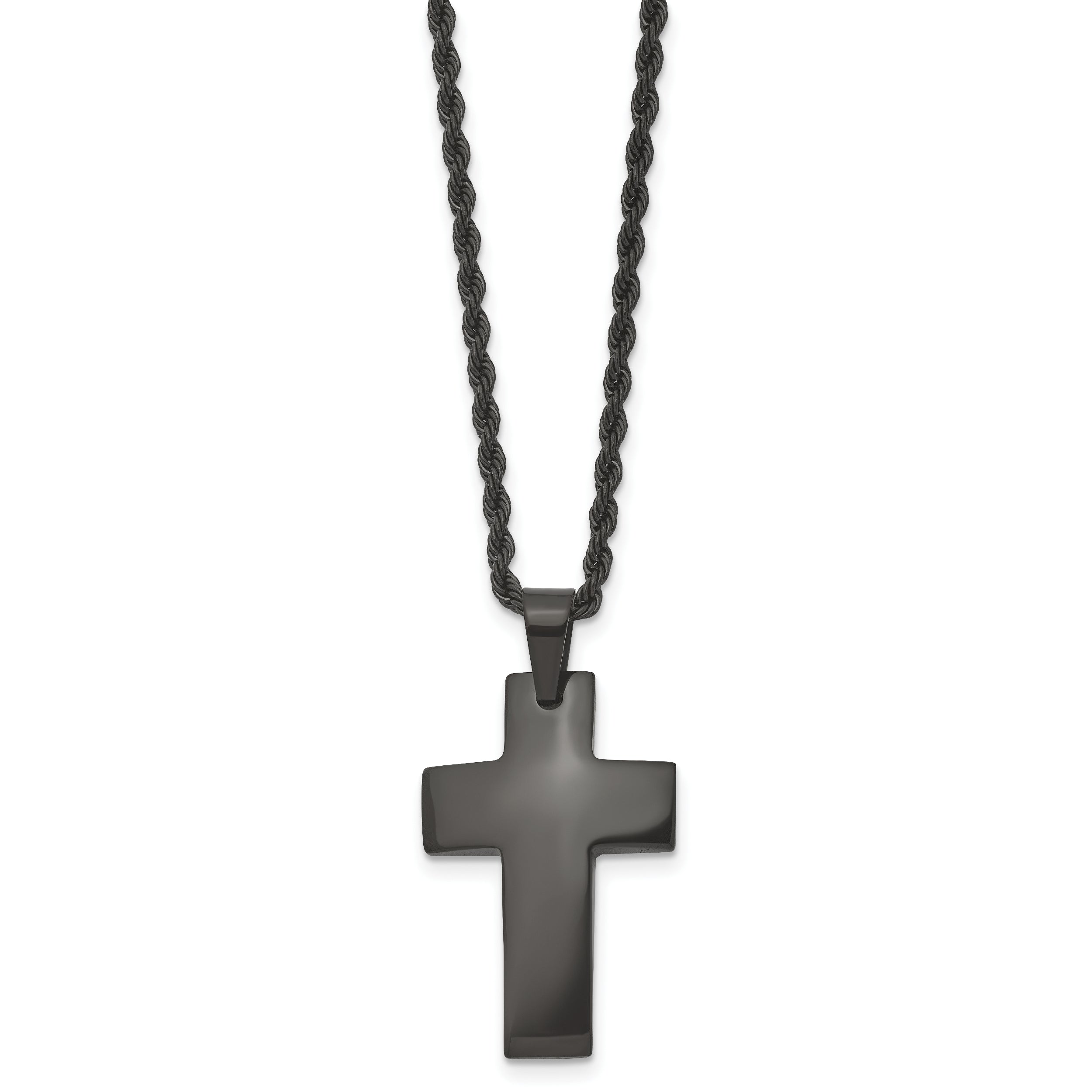 Chisel Stainless Steel Brushed Black IP-plated Cross Pendant on a 20 inch Rope Chain Necklace